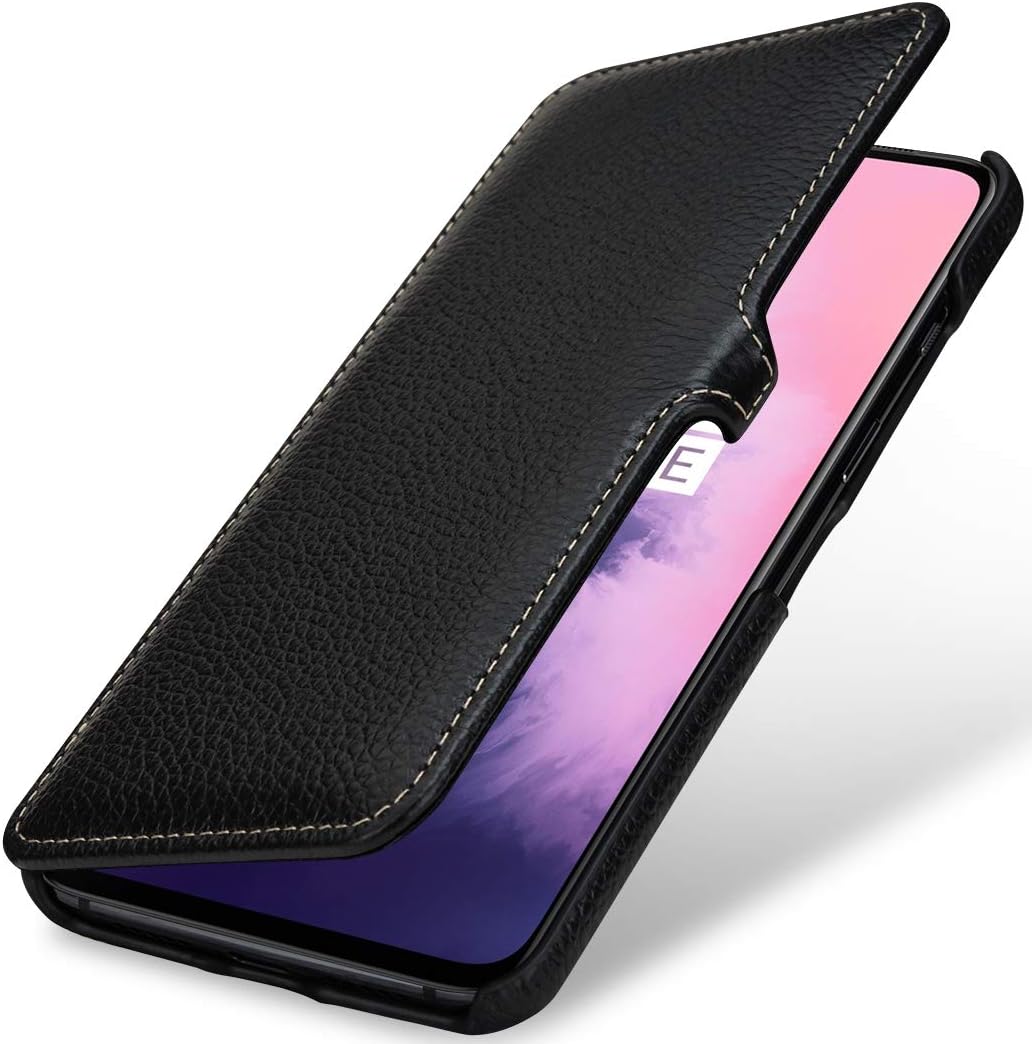 StilGut Book Type Flip Case for OnePlus 7, Genuine Leather OnePlus 7 Case with Closure, Black, Black with Closure