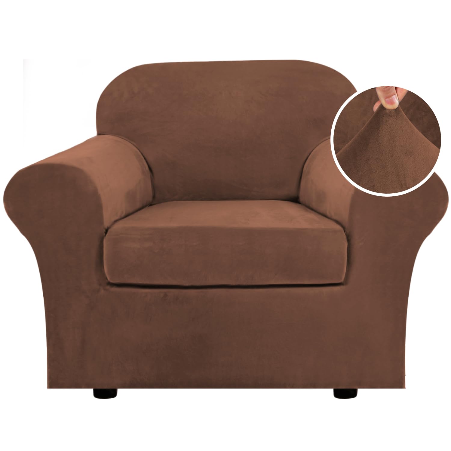 H.VERSAILTEX Rich Velvet Stretch 2 Piece Chair Cover Chair Slipcover Sofa Cover Furniture Protector Couch Soft with Elastic Bottom Chair Couch Cover with Arms Width Up to 49 Inch(Chair, Caramel)