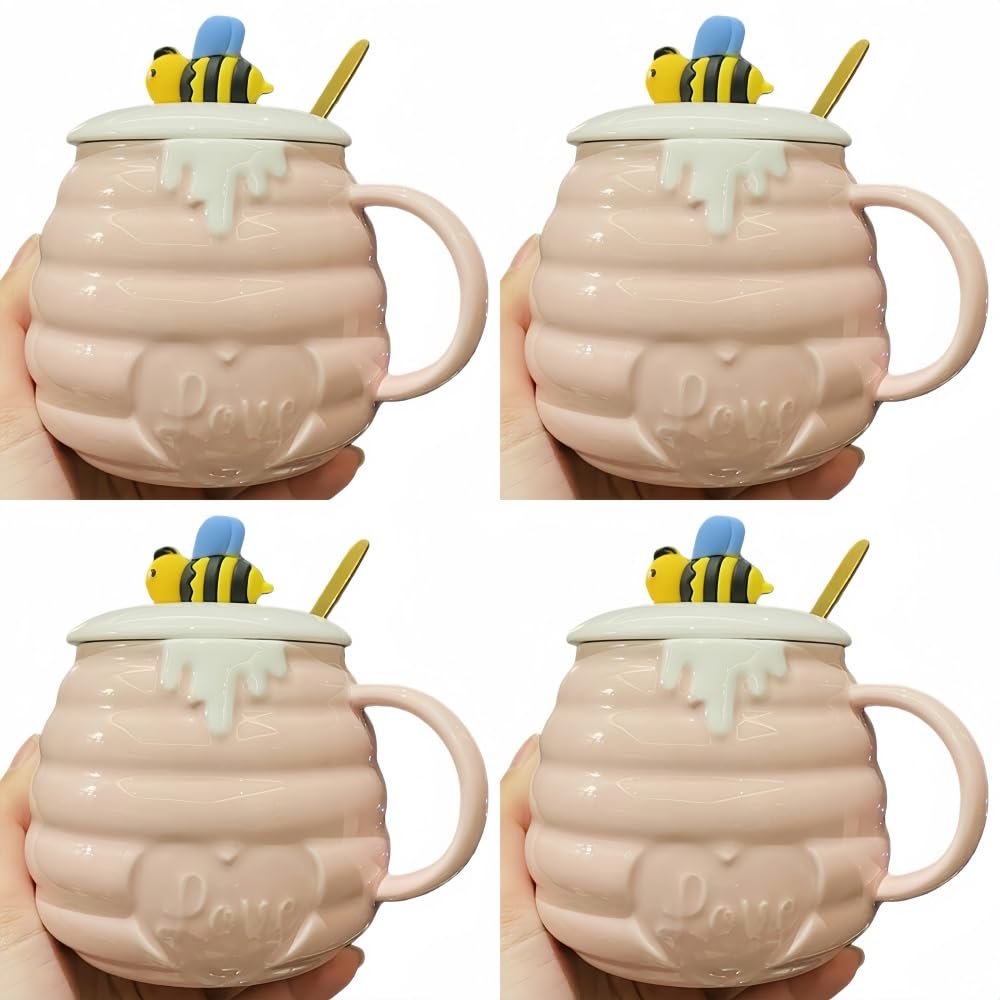 Kubek do kawy pszczół, 400 ml, z pokrywką i łyżeczką, słodki kubek ceramiczny z motywem pszczół, do kawy, kakao, herbaty dla kobiet i dziewcząt (zestaw 4 szt., różowy)