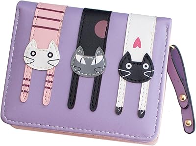 Mini Faux Leather Bifold Cute 3 Cat Zipper Clutch Wallet Handbag for Women Girls (Short-Purple)