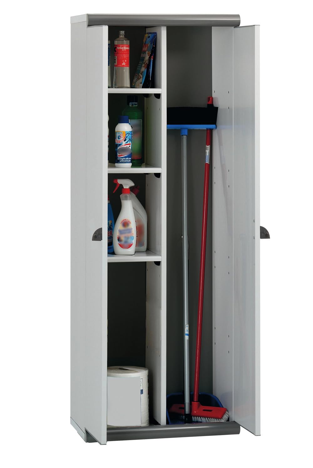 Garofalo - Scik Basic Recycled - Armario Alto de Resina con Escobero (PVC) 2 Puertas para Almacenamiento Exterior, Armarios Terraza, Color Gris, V02.17.501