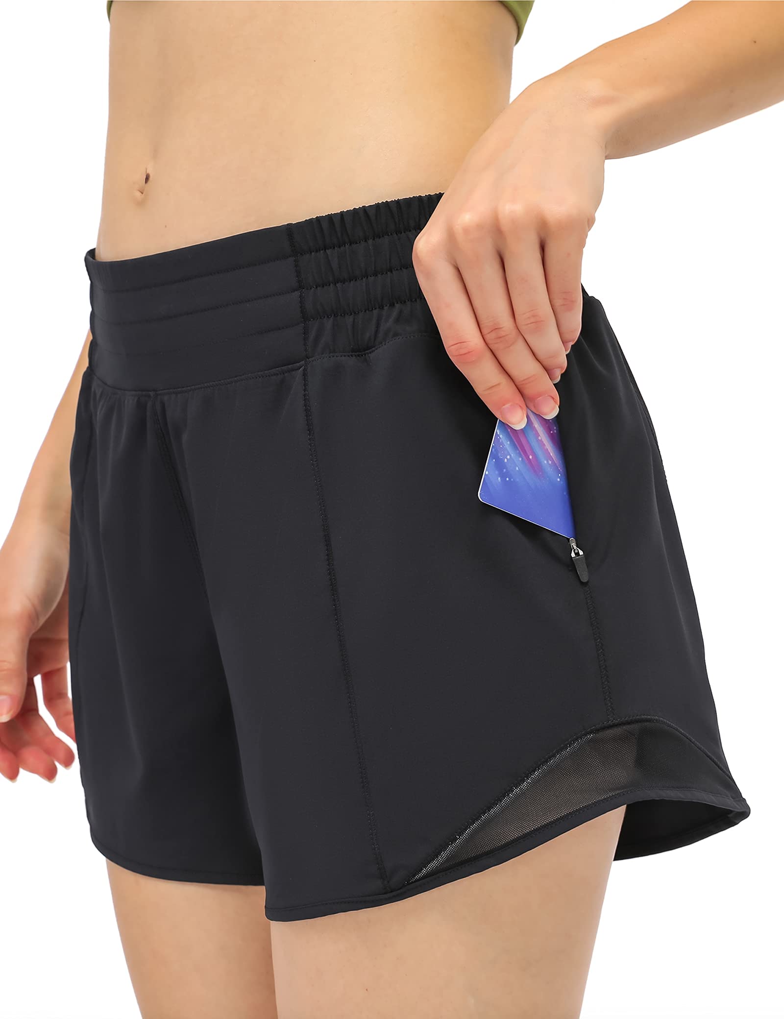 MINPEOP Womens Athletic Shorts Quick-Dry Running Workout Shorts Elastic Waist Active Yoga Gym Sport Shorts with Pockets, Dk001(side Pocket)-black, XXL