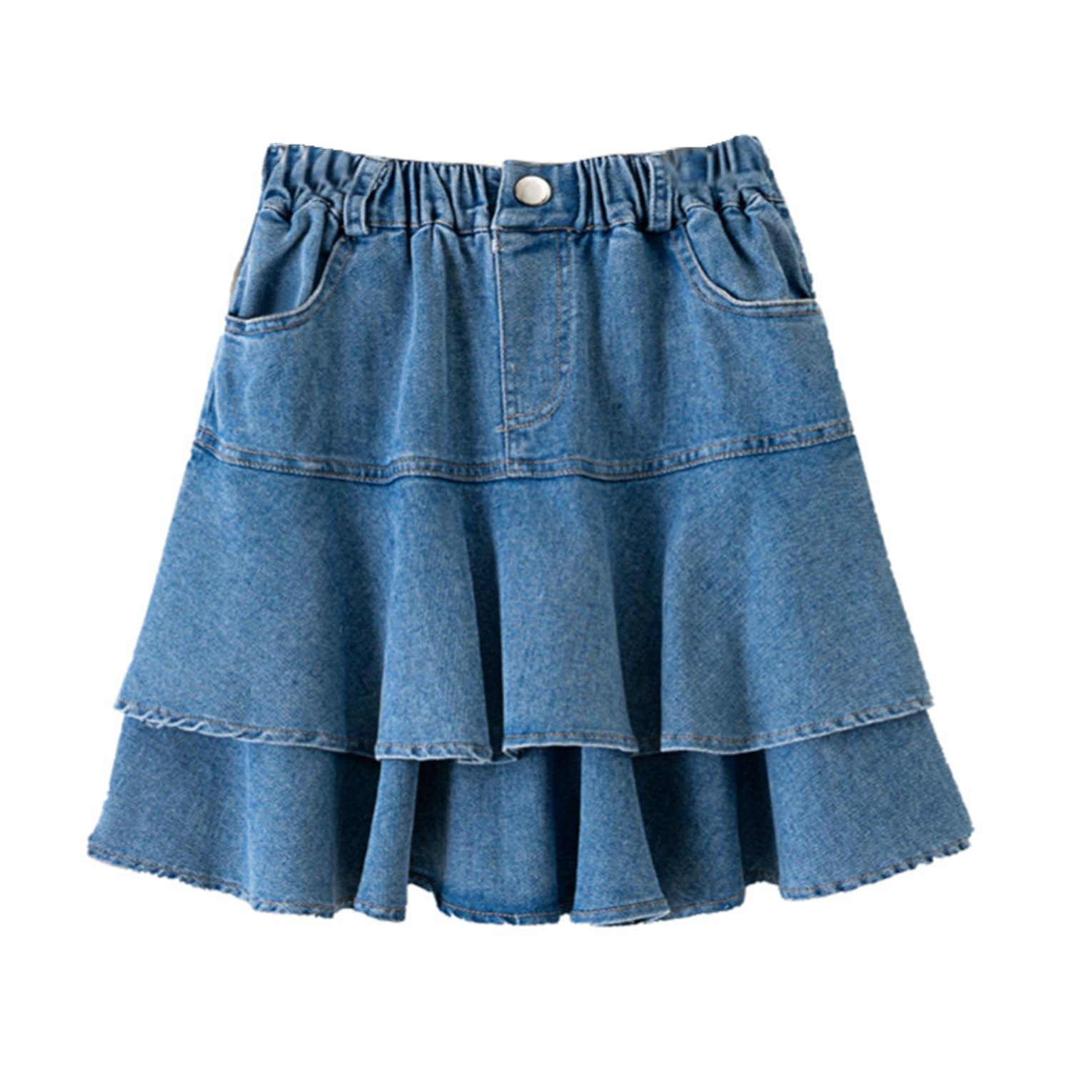 Falda vaquera para niñas de verano y otoño, falda vaquera con capas de cintura alta y bolsillo