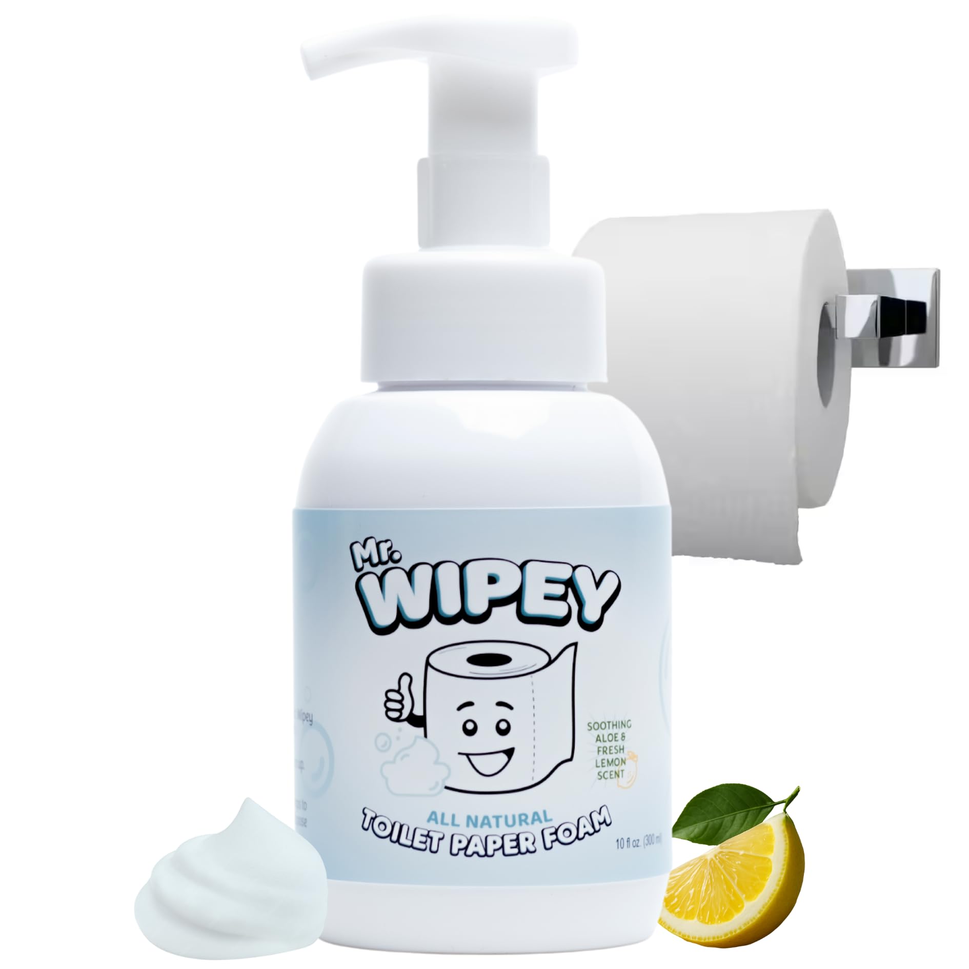 Mr. Wipey Toilet Paper Foam, Lemon Scent, 500 Wipe Equivalent, 10oz, Gentle for Kids