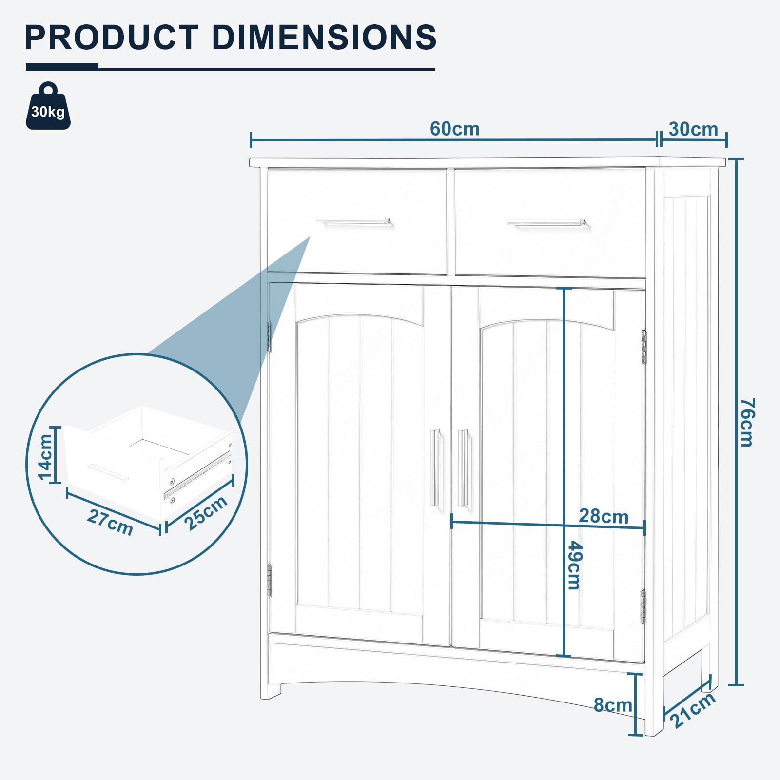 EUGAD Badezimmerschrank Badschrank Beistellschrank Kommode Mehrzweckschrank, mit 2 Schubladen Doppeltür, verstellbare Ablage, aus MDF, Weiß, 60x76x30 cm