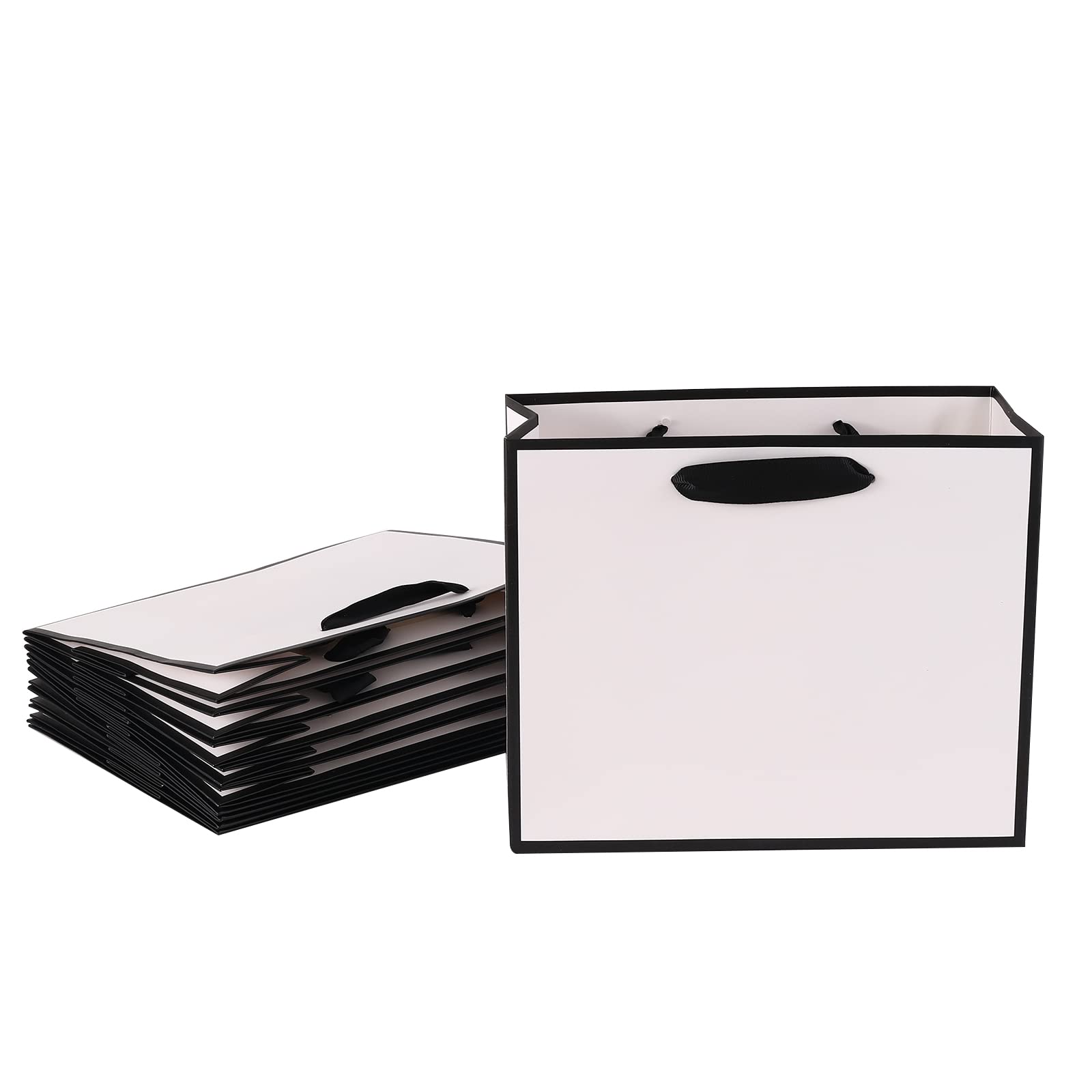 REDDOTGIFT® 10-Pack White with Black Border Gift Bags Shopping Bag Party Favor Bags with Grossgrain Ribbon Handle for Birthday Mother’s Day, Baby Shower Bridal Shower Wedding Gift (H18*L22*D10cm)