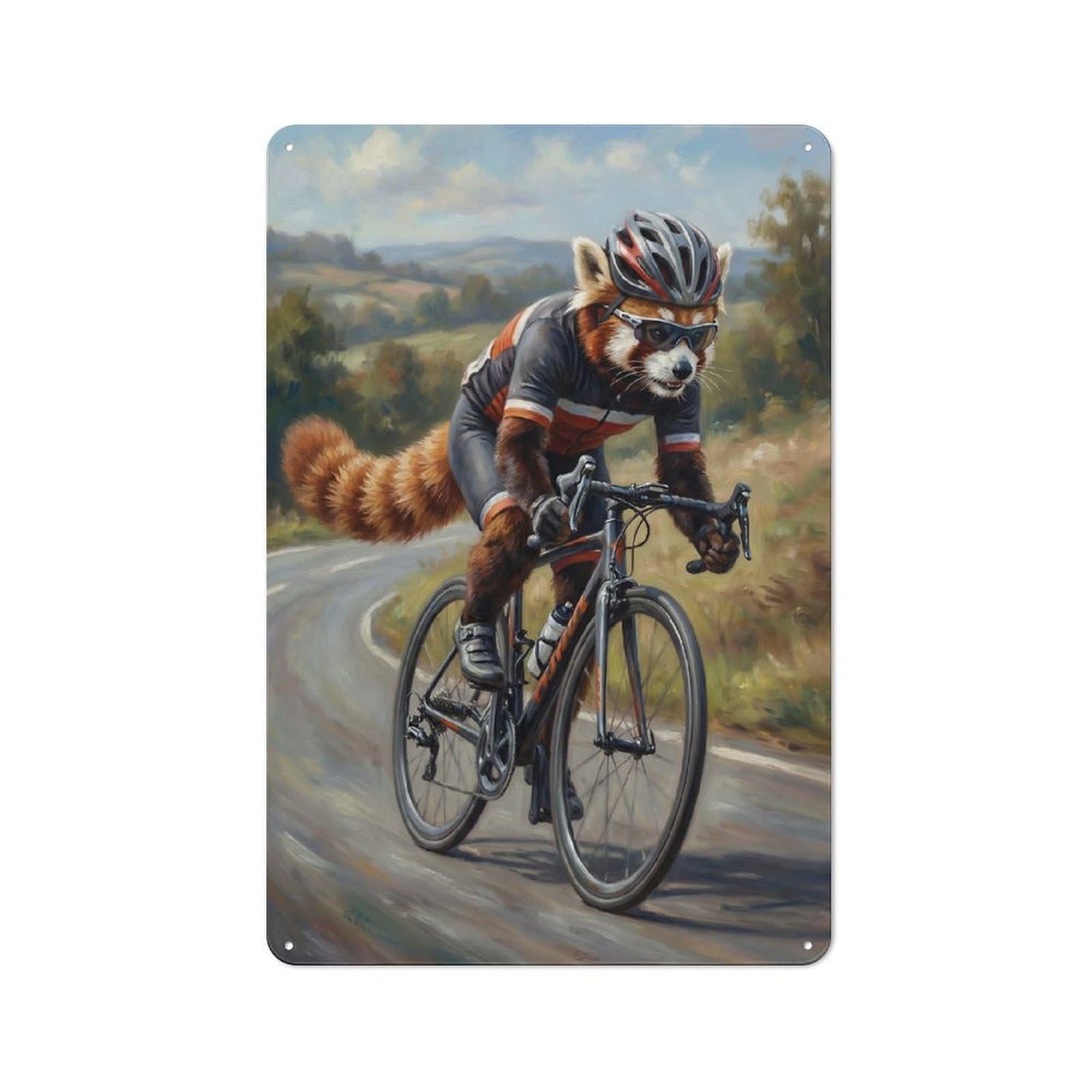 Junmoney Style-14 Garage Style Metal Wall Sign 30X20cm Featuring Red Panda Cyclist On A Winding Road, Garage Wall Decor For Garage, Hobby Room, Office Or Man Cave