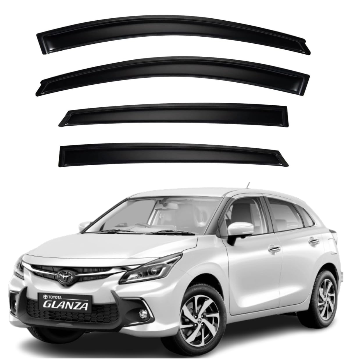 ShopClub Premium Smoke Car Door Visor Front+Rear Sun/Rain Guard Outside Mount Tape-On Window Visors Compatible with Toyo-ta Glanza (2025)