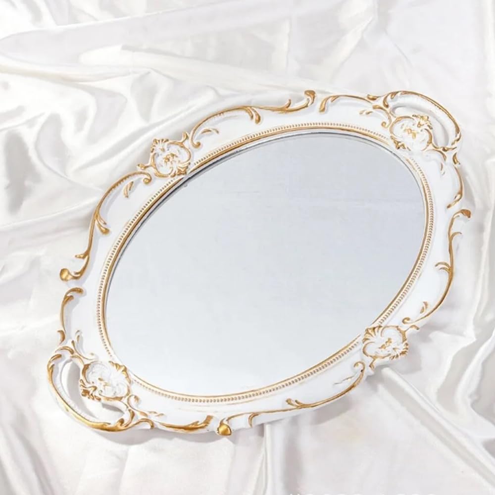 Vassoio Decorativo A Specchio Yamfurga – Stile Francese Bianco E Oro (37x25 Cm) Per Gioielli E Trucchi