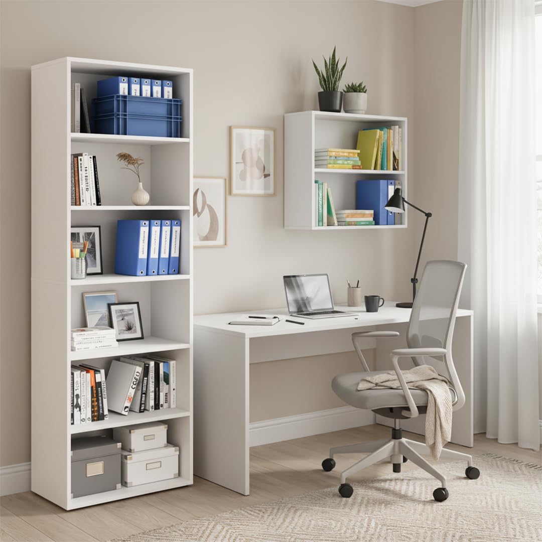 Bellamio Apol Bücherregal mit 6 Fächern - Standregal Weiß - offenes Holzregal - stabiles Regal für Wohnzimmer, Büro & Arbeitszimmer - höhenverstellbares Aktenregal 176x60x33cm