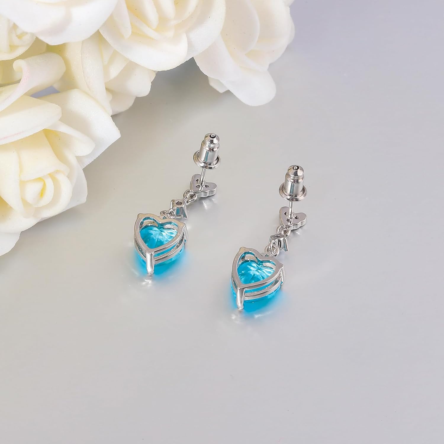 CiNily Heart Drop Stud Earrings for Women Hypoallergenic, 14K White Gold Dainty Birthstone Drop Earrings Cubic Zircon Stud Earrings Jewelry Gift for Mothers Day Birthday Party - Image 5