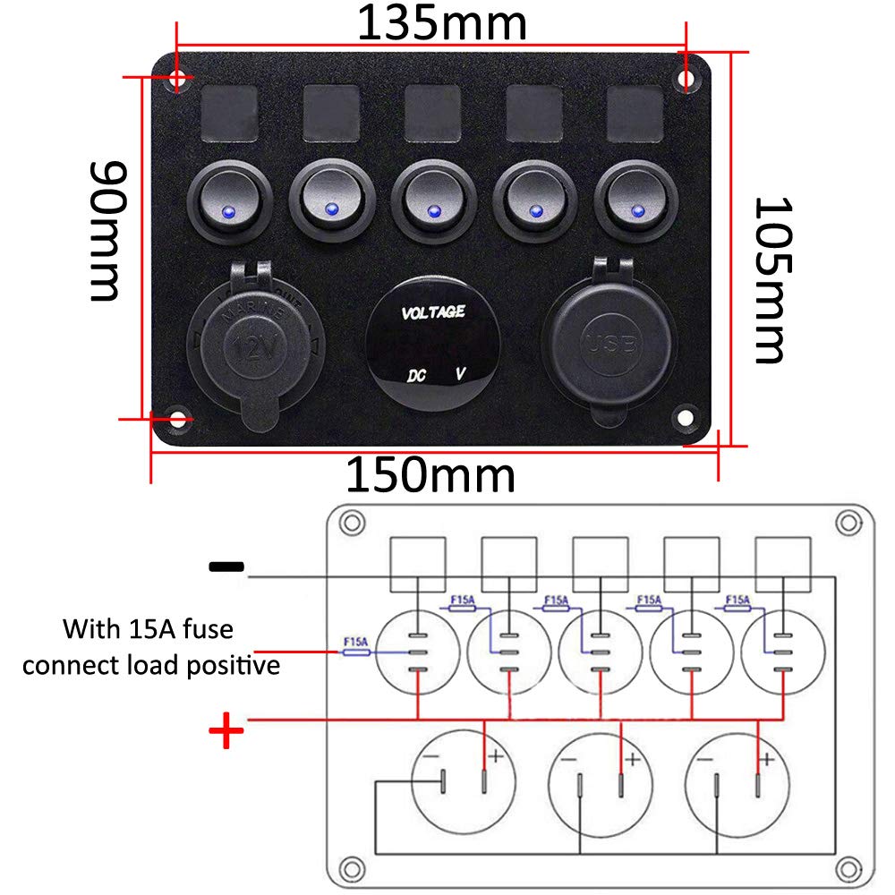 ETOPARS Pannello Interruttori a Bilanciere Impermeabile Interruttore a Levetta Blu Voltometro 4.2A Caricatore Doppio USB Accendisigari 12V 24V Auto
