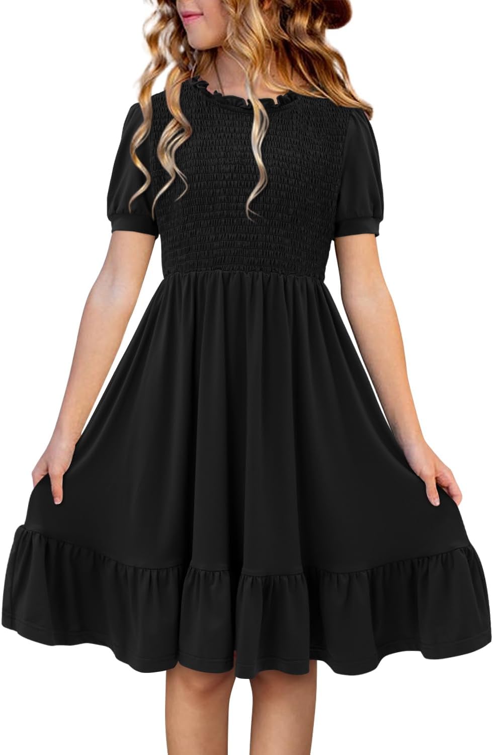 storeofbaby Girls Casual Dress Summer Puff Short Sleeve Smocked Ruffle Dresses