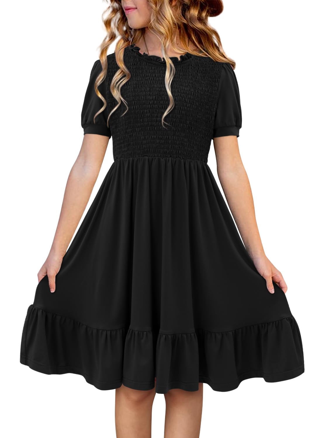 storeofbaby Girls Casual Dress Summer Puff Short Sleeve Smocked Ruffle Dresses