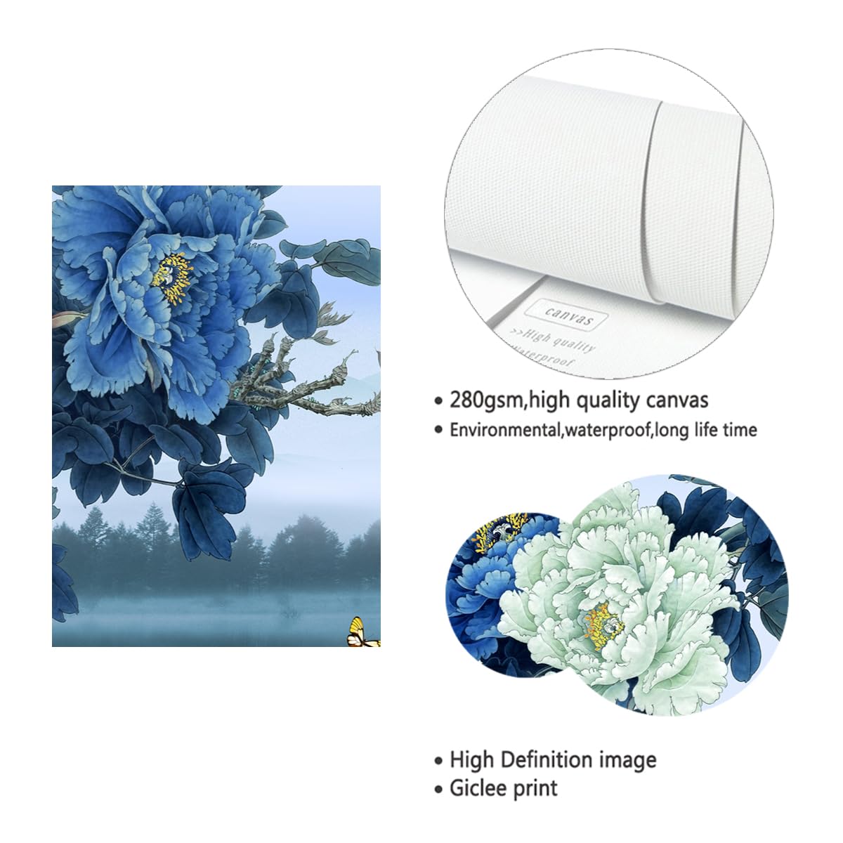 Niebieski i biały piwonia obraz ścienny na płótnie eleganckie chińskie kwiaty wydruki plakat do domu biuro salon dekoracja wewnętrzna rama 55x100cm