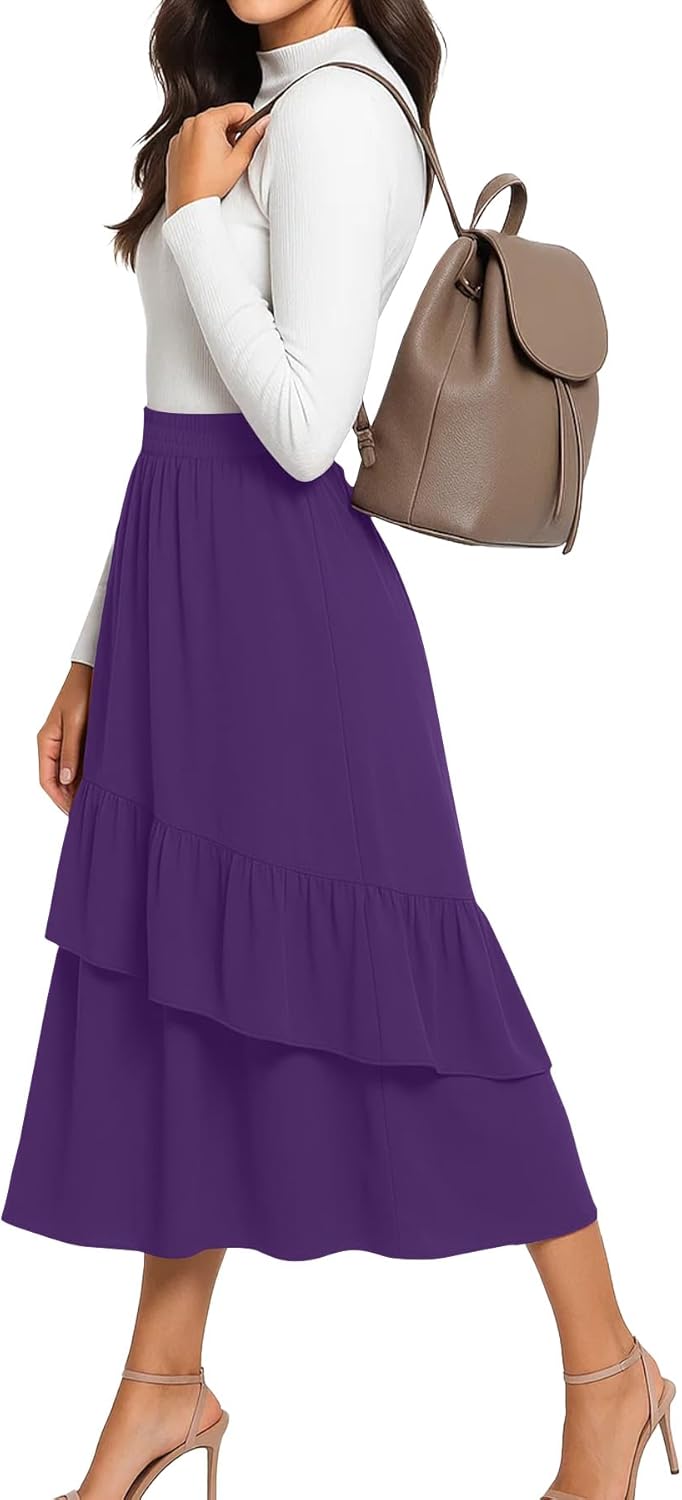 Womens Midi Skirts 2025 Summer Trendy Ruffle Elastic High Waisted Long Flowy Maxi Skirt with Pockets - Image 4