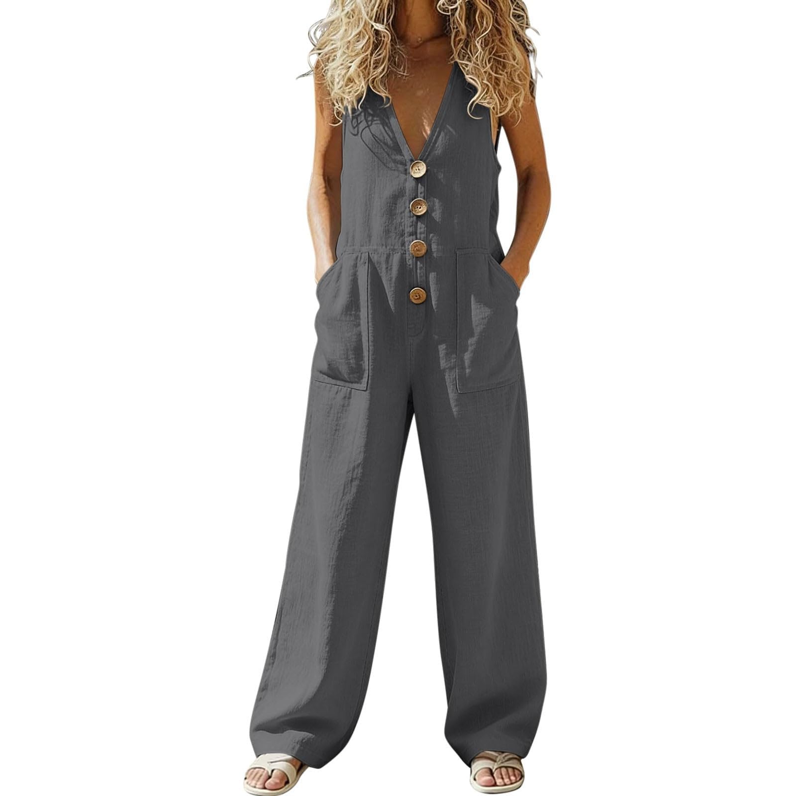 Tuta estiva da donna, casual, con scollo a V, senza maniche