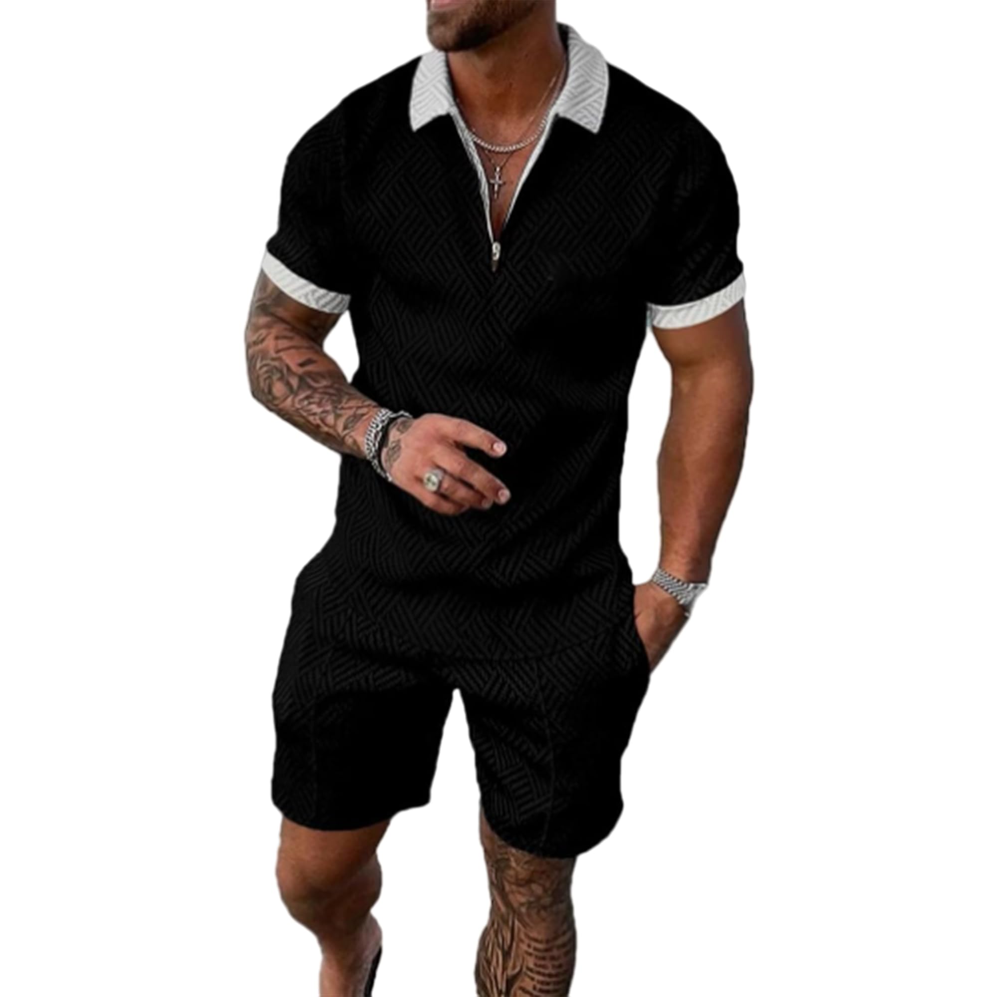 JUDFPIE Men's shorts suit two-piece polo shirt fashion summer sports casual suit men's 1/4 zipper short sleeve