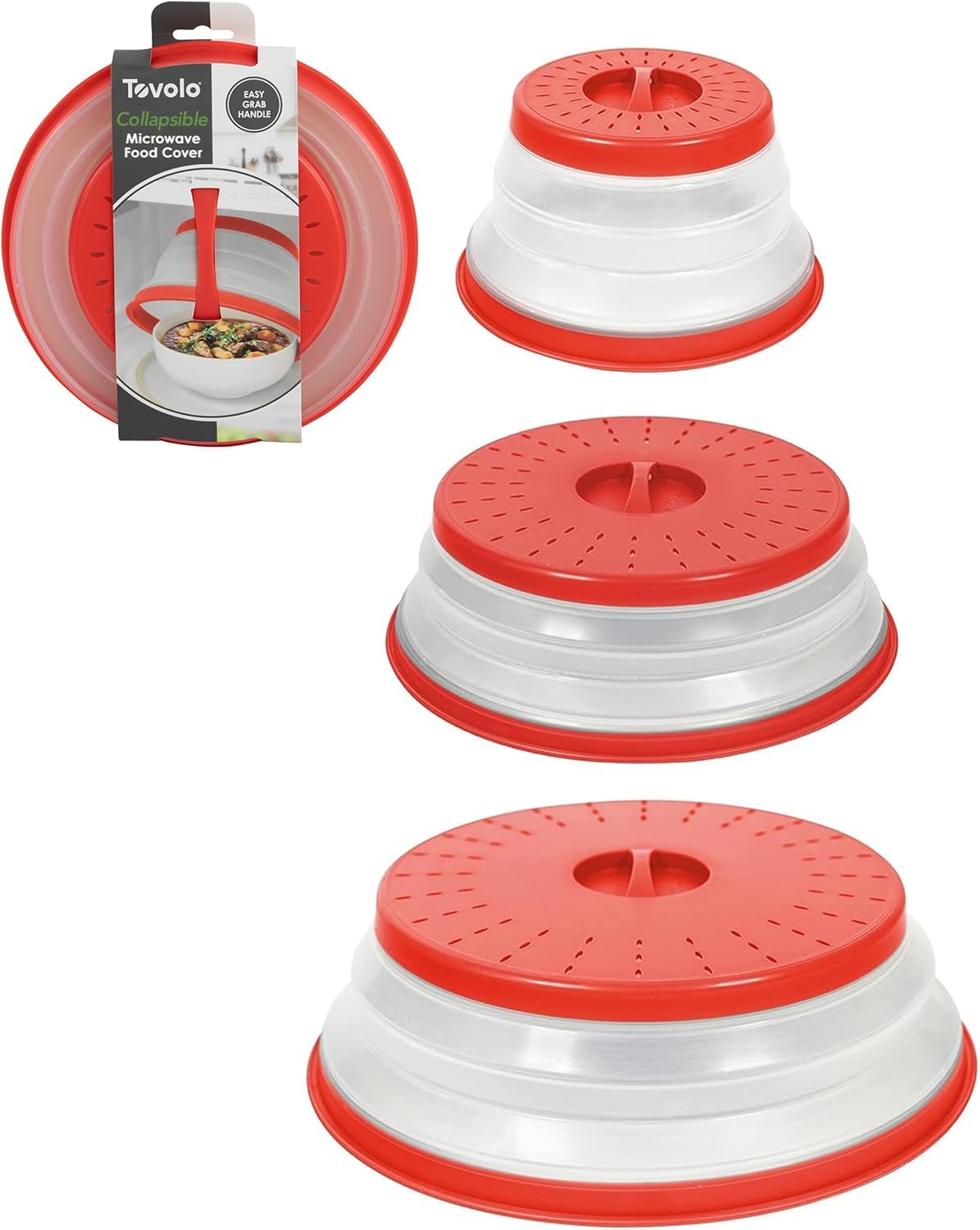 Tovolo Microwave Splatter Cover for Food, 3-Pack (Candy Apple Red) - Collapsible &amp; Vented Silicone Splatter Guard Lid - Microwave Plate &amp; Dish Cover with Handle - BPA-Free Kitchen Gadget for Meal Prep
