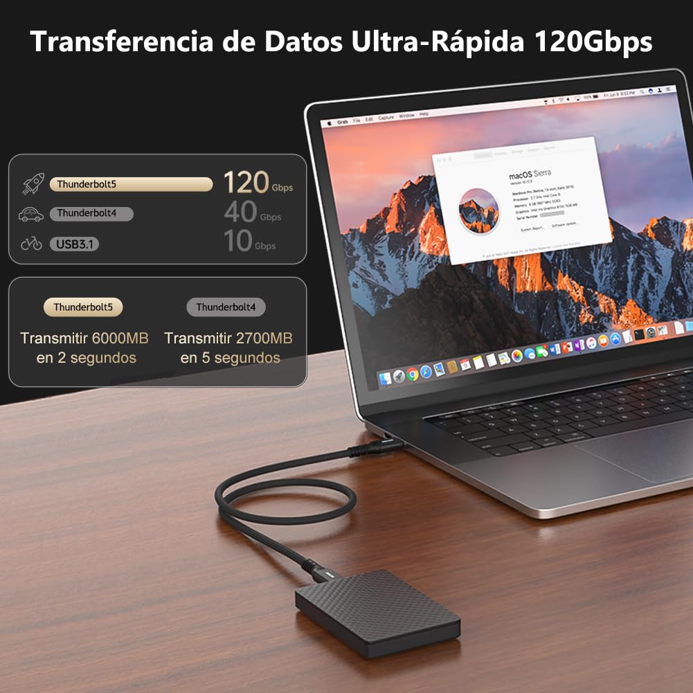 Alvin's Cables Cable Thunderbolt 5, 30.48 cm USB-C a USB-C Cable 120 Gbps 240W PD Carga rápida 16K Visualización, Compatible con Thunderbolt 4/3, USB4, para MacBook, Egpu, Dock, Certificado Intel