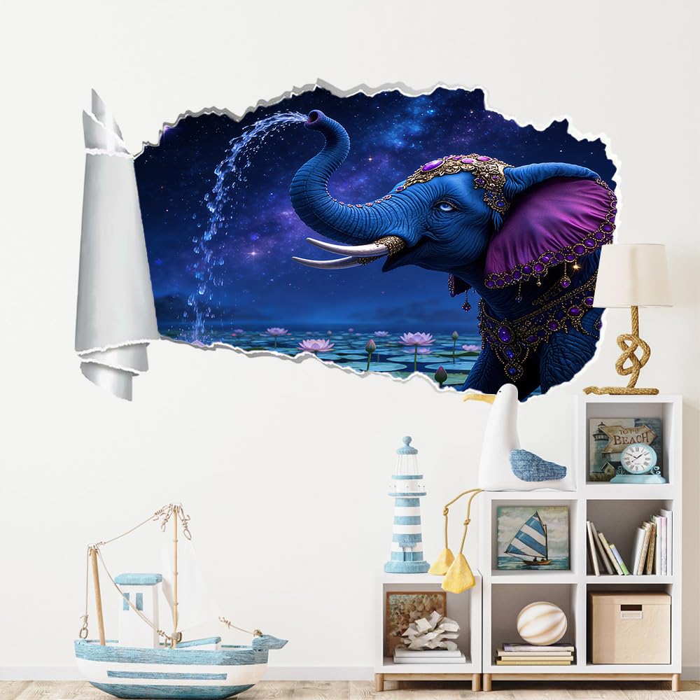 Stickers Muraux 3D Smashed Murales Animaux Éléphants Autocollants De Sol En Imperméables Amovibles Art Paysage Du Lac Lotus Pour Chambre Salon Bureau Pépinière Décoration Murale