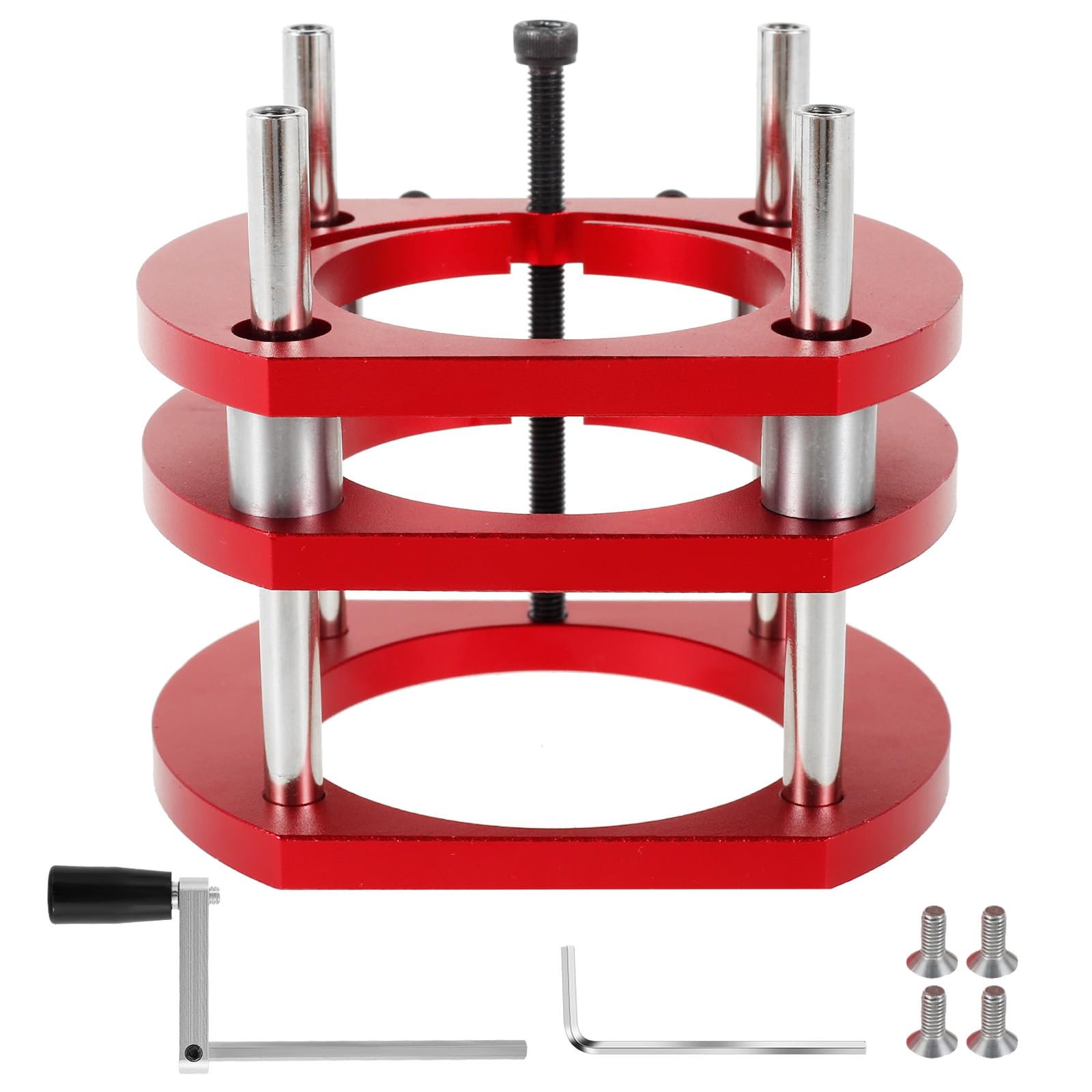 US Router Lift Base Aluminium Alloy 4 Jaw Clamping Router Table Lifting System 51MM Adjustable Router Lifting Tool Woodworking Tool for Carpenter Workbench(Hand-shaking lifting base-red)