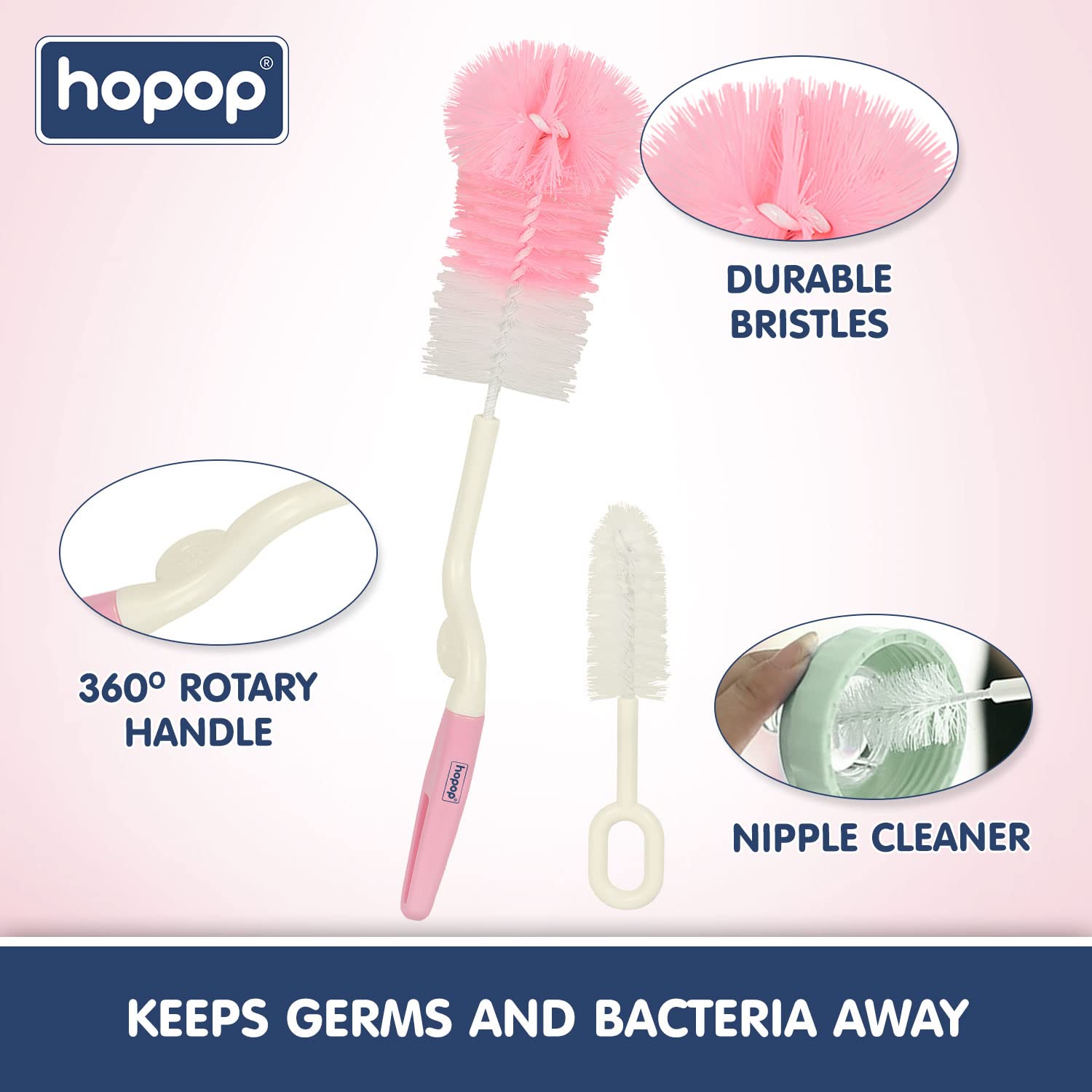 Hopop Bottle Cleaner Brush | Baby Feeding Bottle Cleaning Brush & Nipple Cleaner Brush | 360* Rotating Handle | Easy to Clean Feeding/Water Bottle Corner | BPA Free | Pink 3