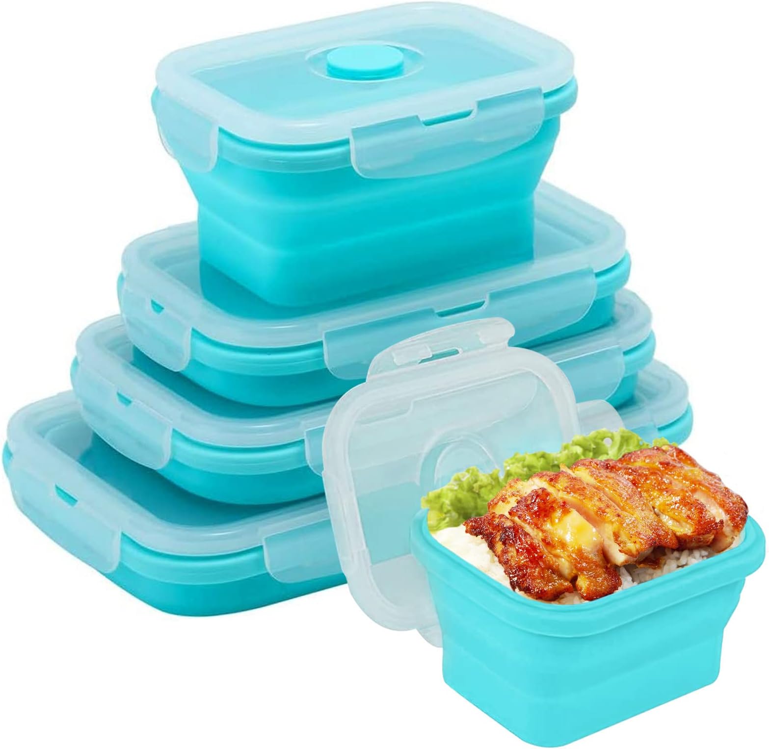 4 Pcs Silicone Collapsible Food Storage Containers with Lids Silicone Lunch Box Bento Box BPA free for Kitchen Pantry Organization Microwave Freezer (4pcs-Blue)