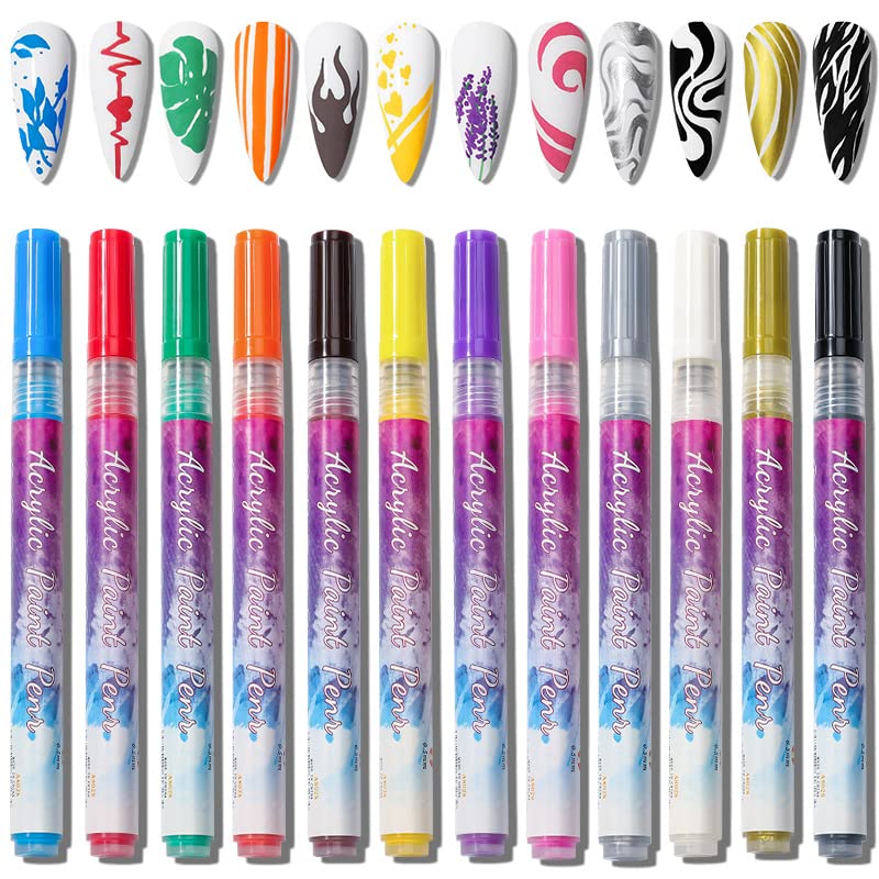 DAIXIANGER 12 Colors Acrylic Nail Art Pens Set 0 5MM- Quick Dry Nail Polish Painting Pens Graffiti Dotting