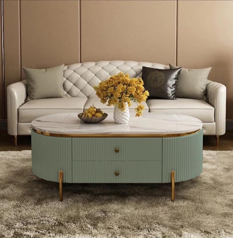Image of Tesla Centre Table, White Marble Top with Gold Trim, Oval Modern Coffee Table with 2 Drawer Storage, Waterproof Plywood Base, PVD Metal Legs, for Living Room (Sky Blue)