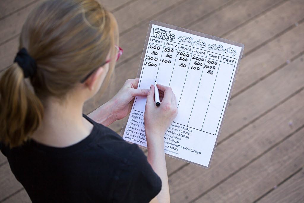 YARD FARKLE SCORE CARDS with Rules on the back- Laminated Farkle Score Card, Reusable Score Card, Size- 8.5" x 11" (FIVE Farkle Score Cards)