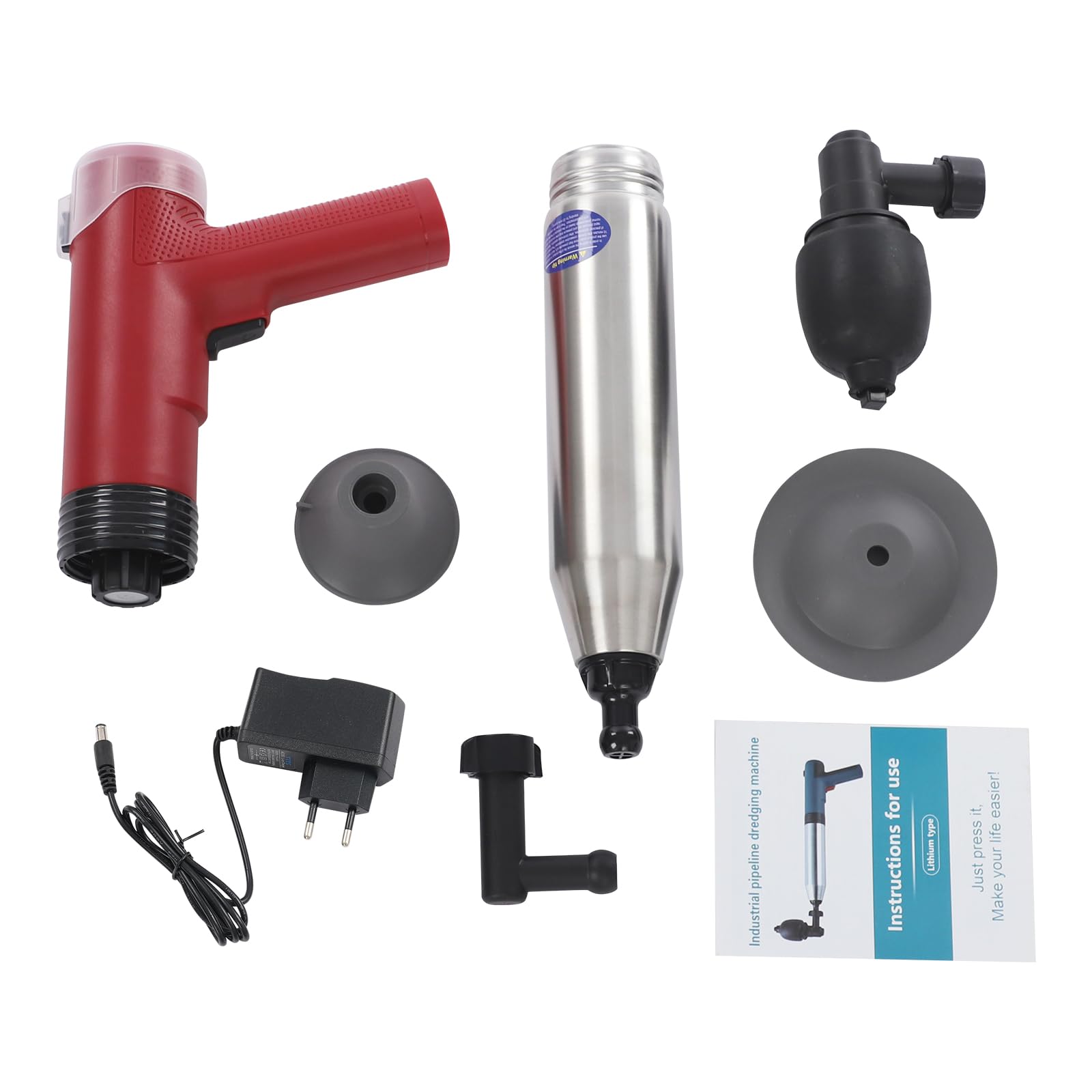 Elektrischer Abflussreiniger Pumpe mit 3 Austauschbaren Kolbenköpfe, Hochdruck-Luftstampfer Rohrreiniger mit Manometer, WC-Saugglocker Abfluss-Entstopfungsstampfer für Dusche, Toilette (Rot)