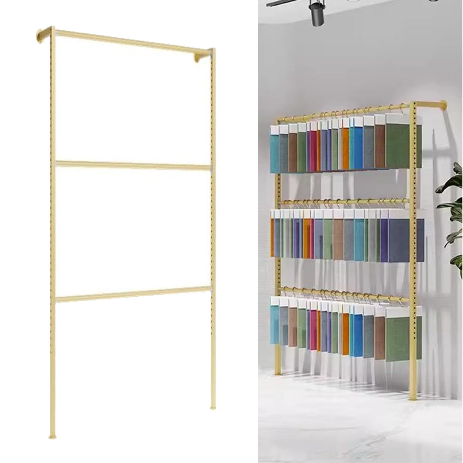 Generico Espositore da Parete in Tessuto Dorato - Espositore per Campioni di Tessuti per la casa con Tende Aperte, Porta Sciarpe per Scialli, Lenzuola e Tende, Design in Metallo Commerciale - 300x25x