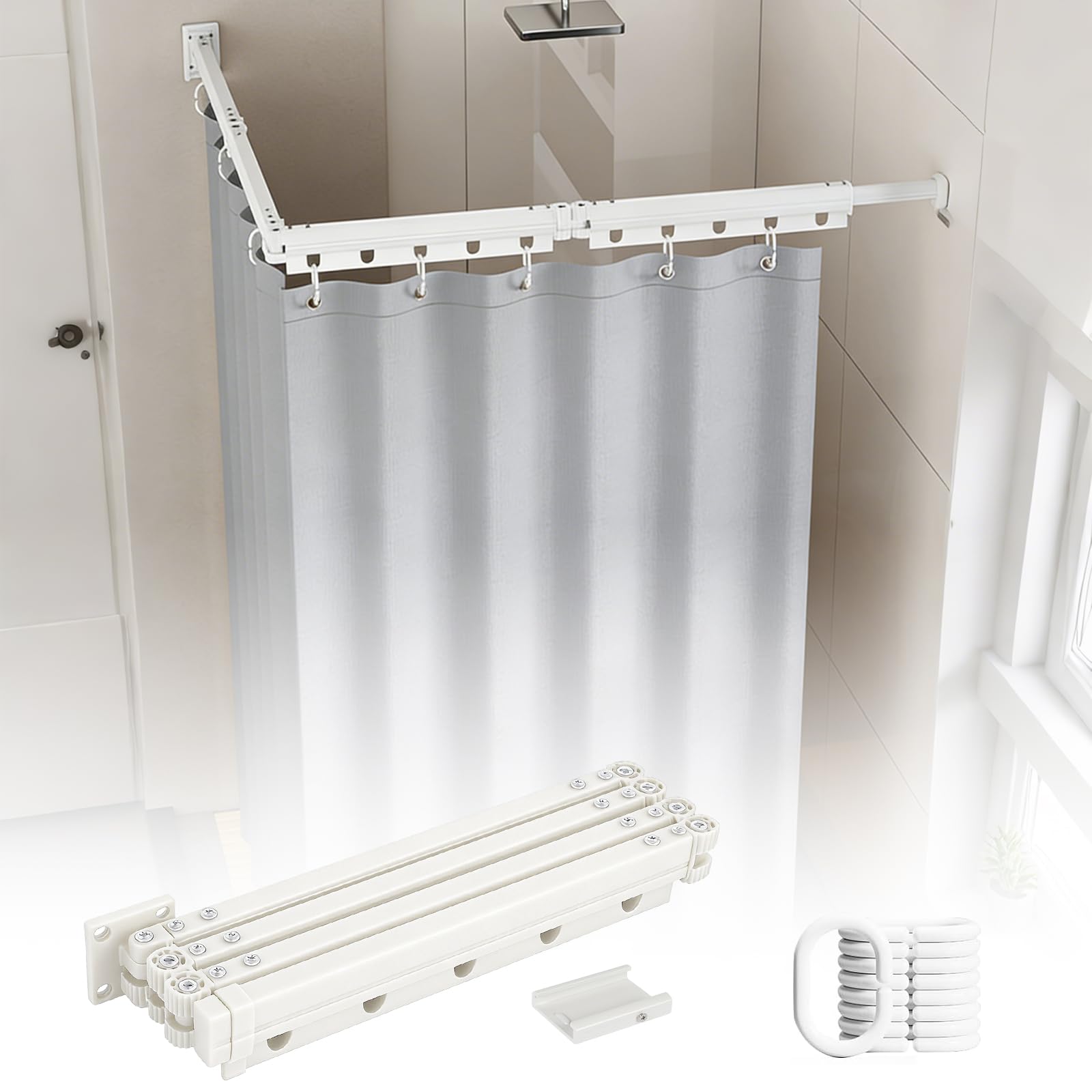 Asta per tenda da doccia pieghevole senza foratura, con tenda da doccia impermeabile, asta girevole a forma di L o dritta, tenda da doccia con asta per bagno (bianco, pieghevole a 4 scomparti)