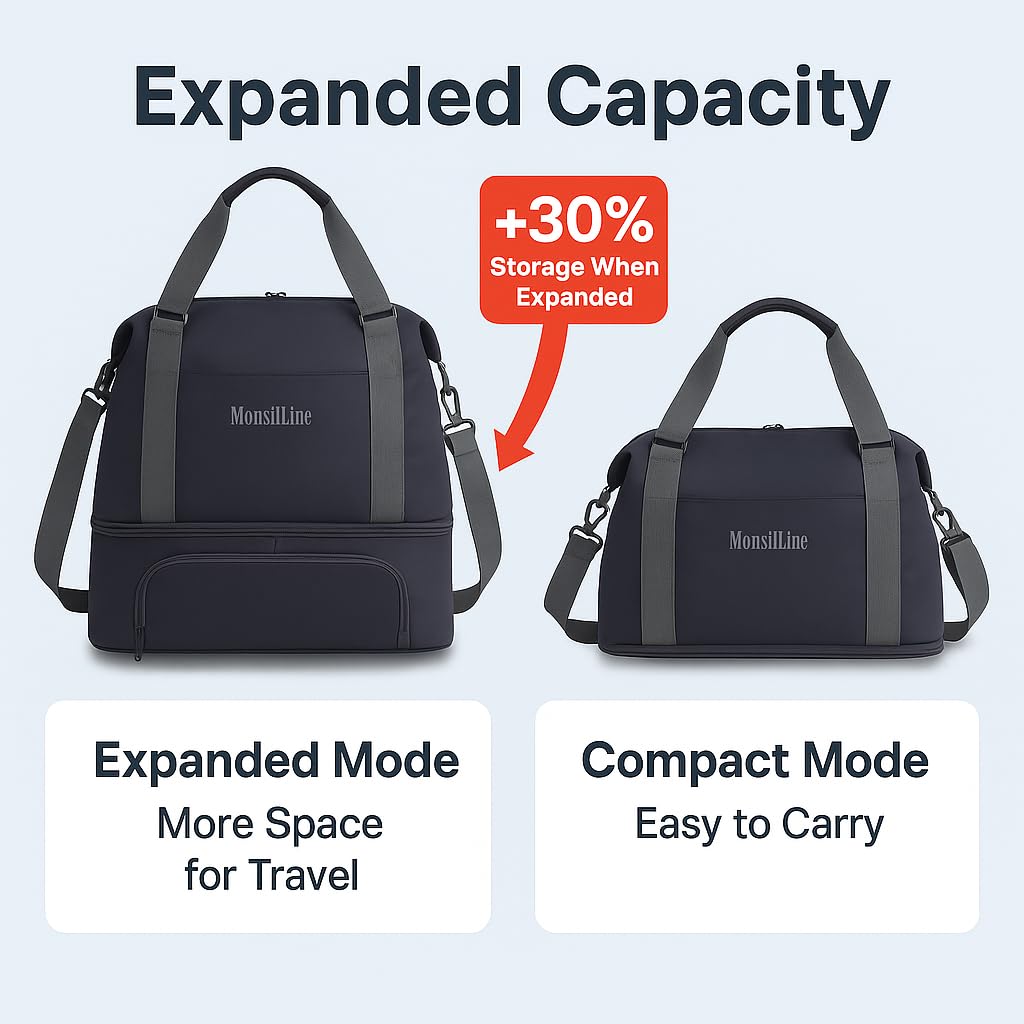 Foldie - Bolsa de viaje expandible, bolsa de gimnasio con compartimento para zapatos, bolsas de entrenamiento para gimnasio con correas, bolsa de viaje para fin de semana durante la noche