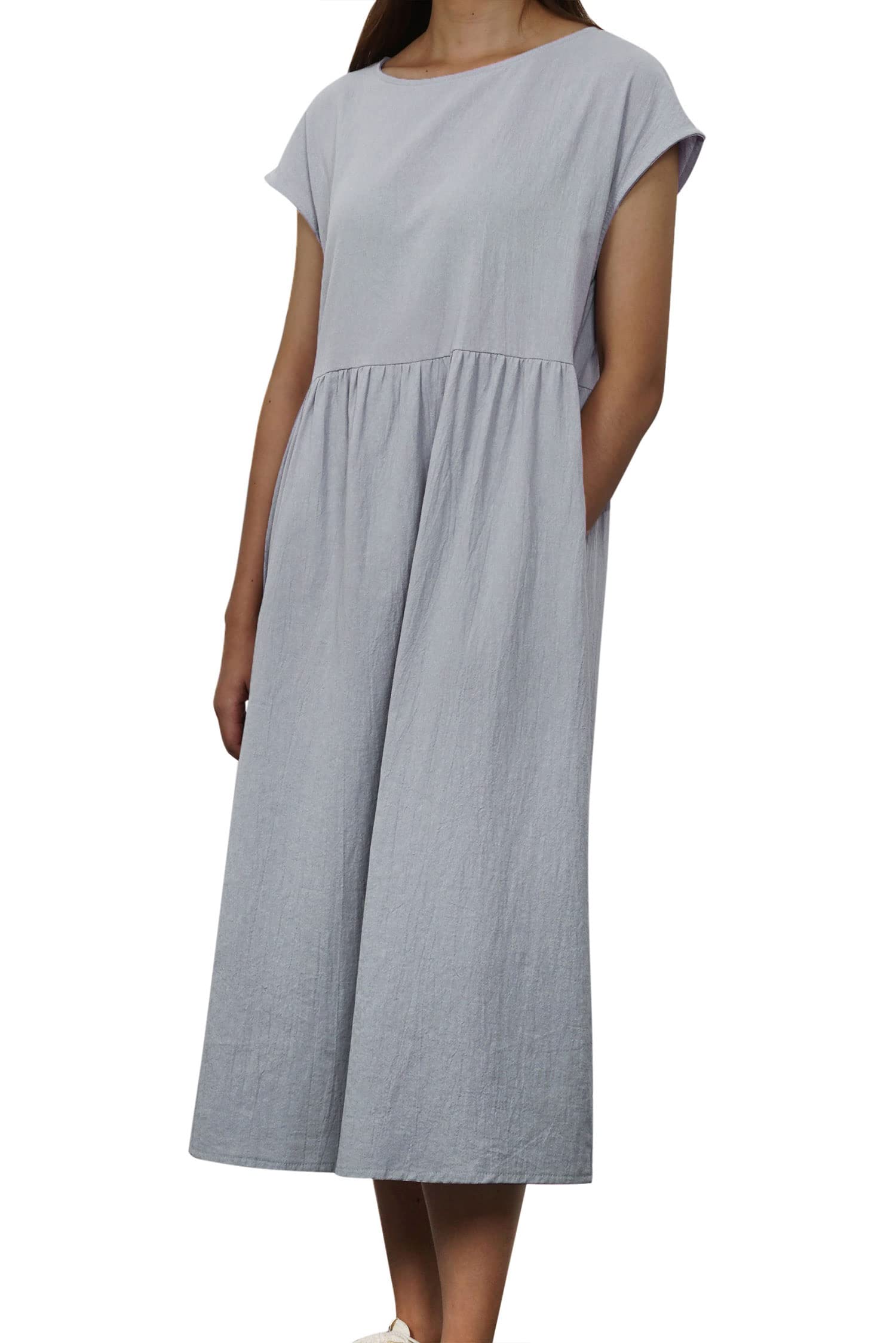 VEVESMUNDO Vestido de verano para mujer, de lino, informal, de algodón, manga corta, hasta la rodilla, túnica, suelto, con bolsillos