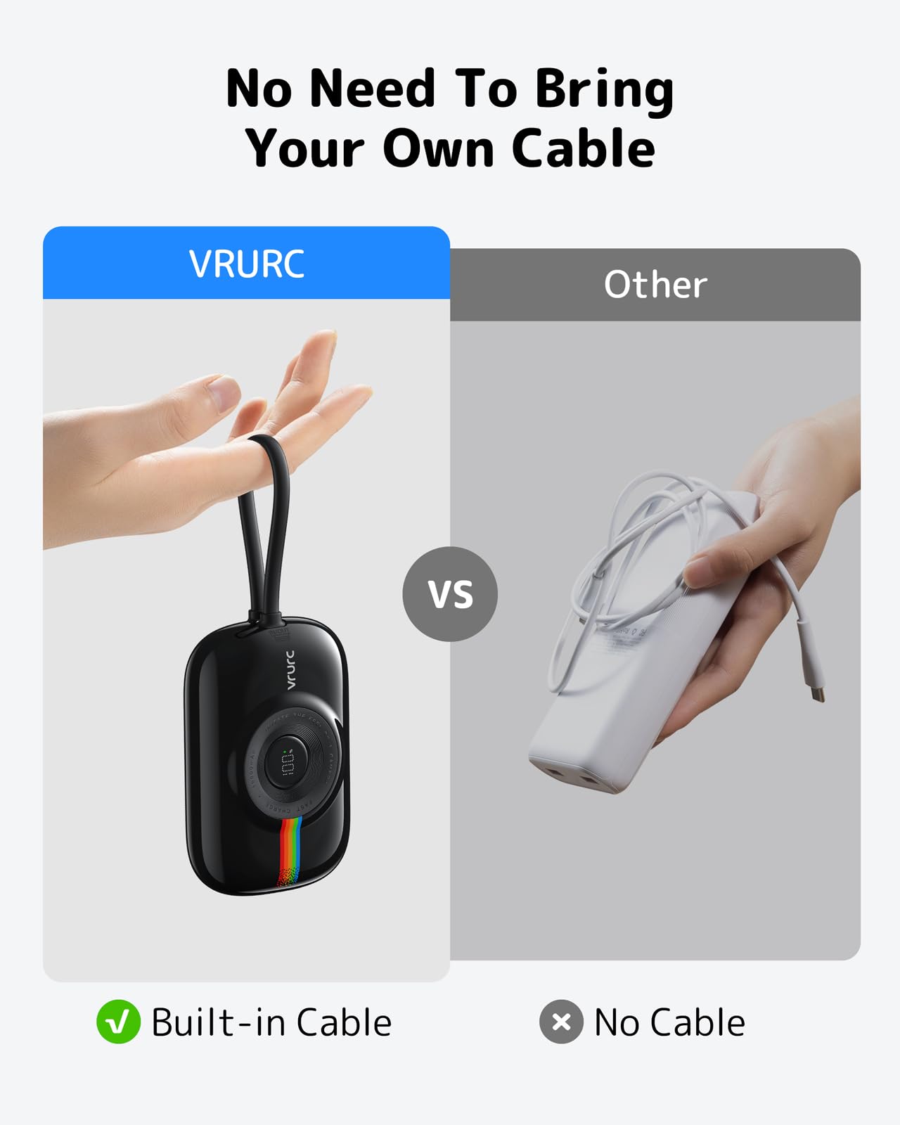 VRURC Power bank 10000mAh con cavo integrato, piccolo mini powerbank a ricarica rapida da 20 W, batteria USB C Elementi essenziali da viaggio per la maggior parte dei dispositivi smart-Nero