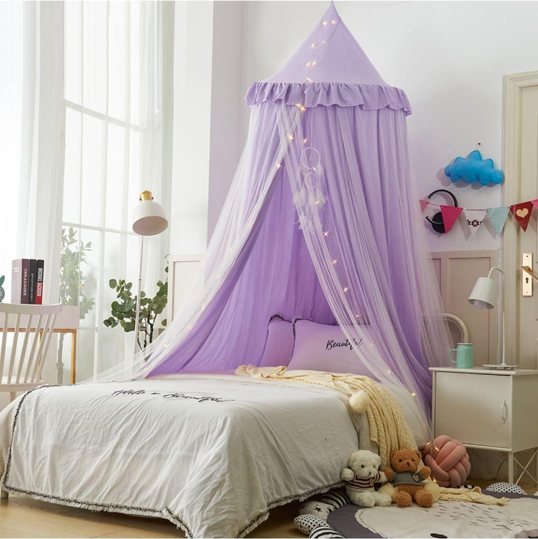 Generic Princess Bed Netting Canopy Round Dome Canopy Blackout Mosquito Repellent Mosquito Net with Star String Lights (Purple)