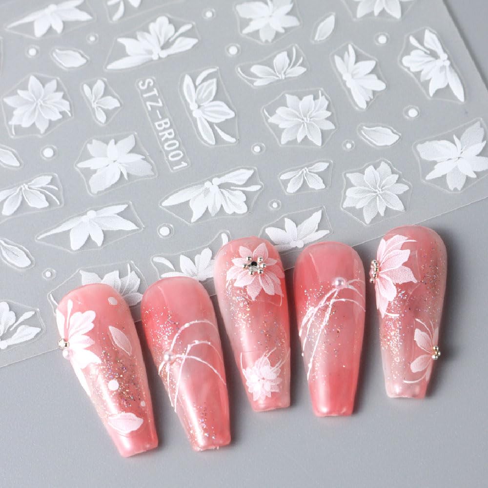 Hibiskus Blume Nagelaufkleber – 5 Blätter Weiß Rosa Nail Sticker Für DIY Nageldesign