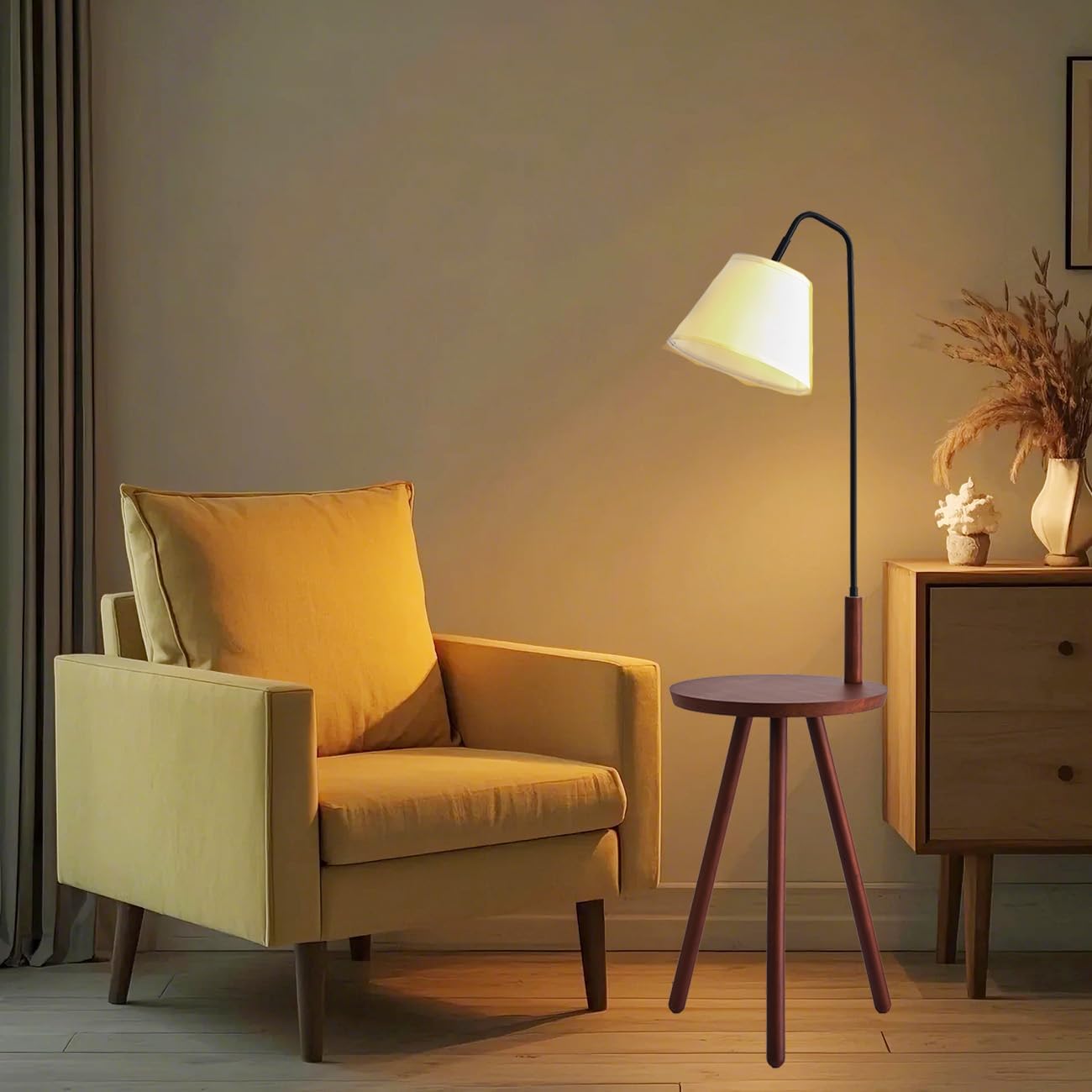 Fiqevs Wood Tripod Floor Lamp with Shelf & LED Bulbs, Mid-Century Modern Standing Lamp with Wooden Shelf & Linen Shade for Living Room, Bedroom, Office