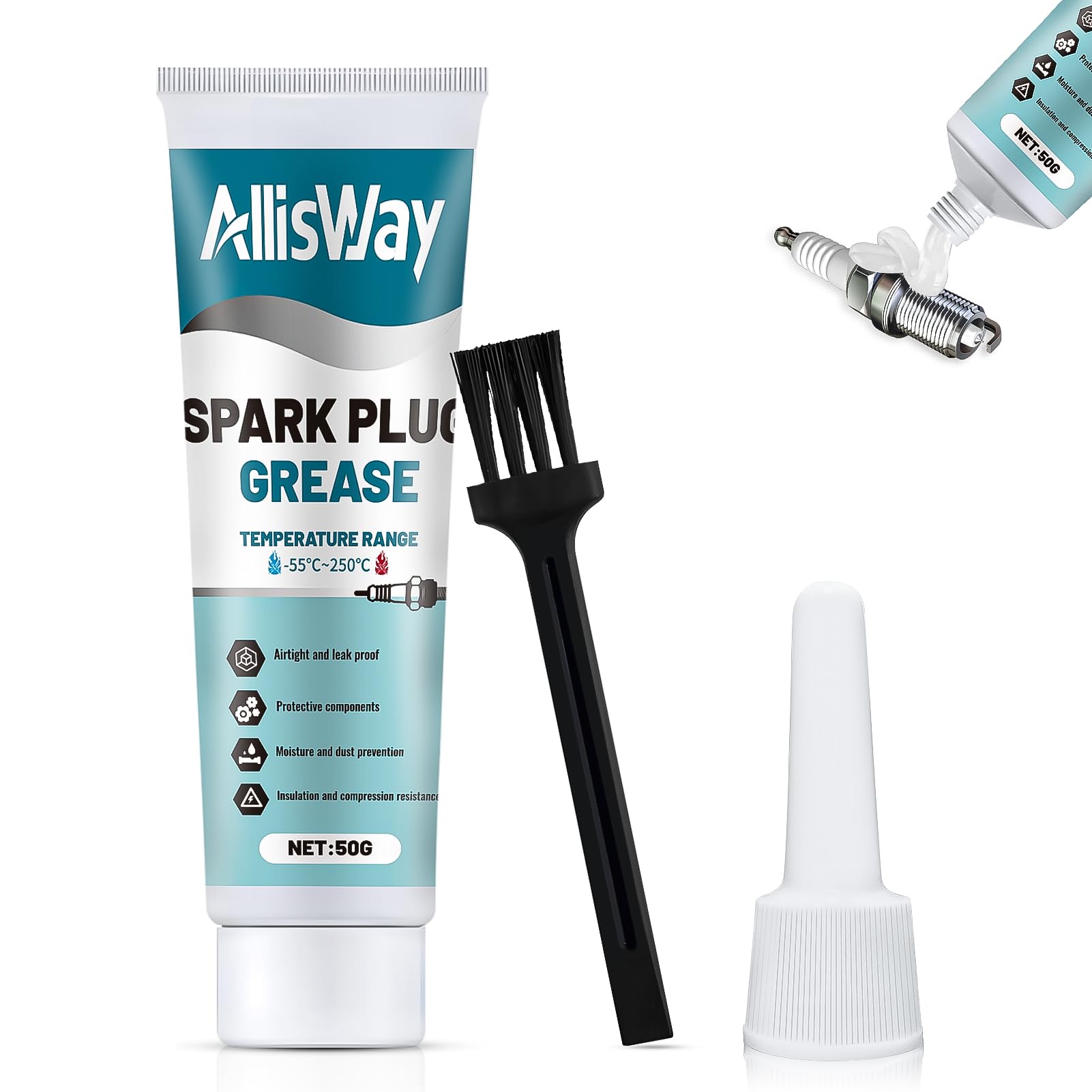 AllisWay Zündkerzenfett, Hochtemperaturfett, Glühkerzenfett, Zündkerzen Fett, Silikonfett Kfz, Geeignet für Kfz-Zündkerzen, Spulengummihülsen, Kabelverbinder und Andere Hochspannungsteile usw, 50G