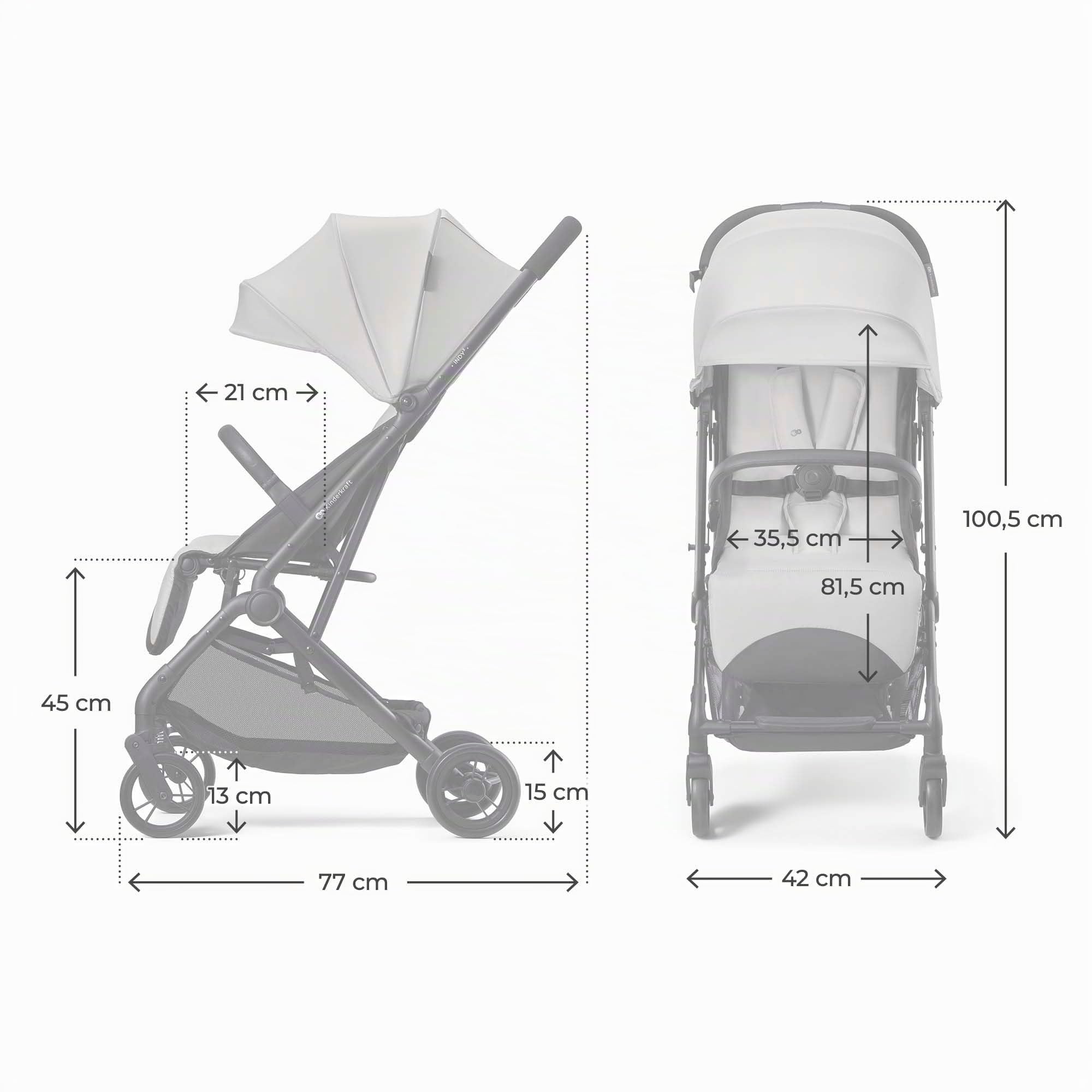 Kinderkraft INDY 3 poussette canne légère et compacte dès la naissance, pliage une main CLICK & FOLD, jusqu’à 15 kg, urbaine, dossier inclinable, harnais 5 points, Gris