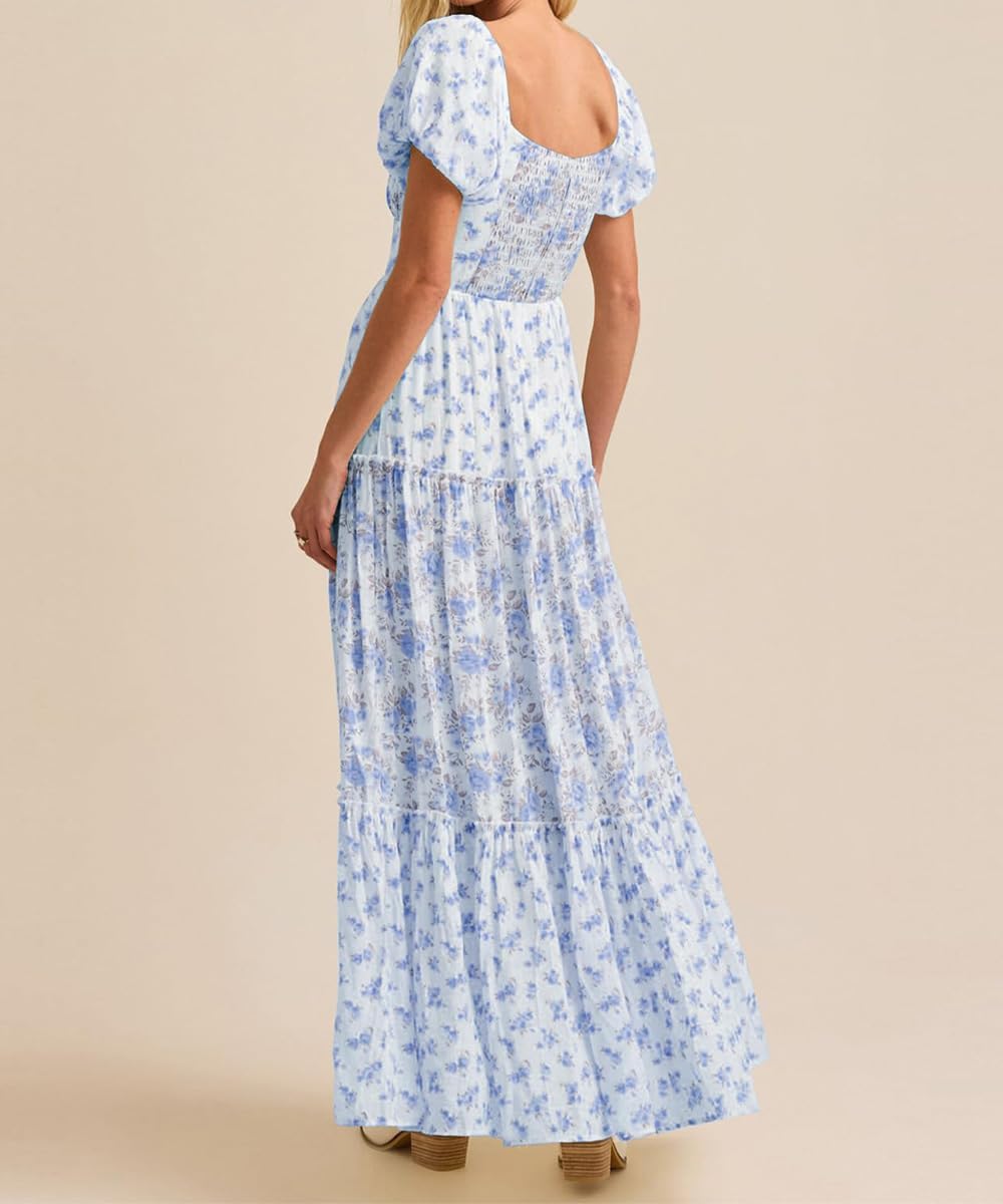 Women Summer Floral Maxi Dress Patchwork Puff Short Sleeve V Neck Sundress Flowy Tiered Garden Boho Long Dress - Image 4