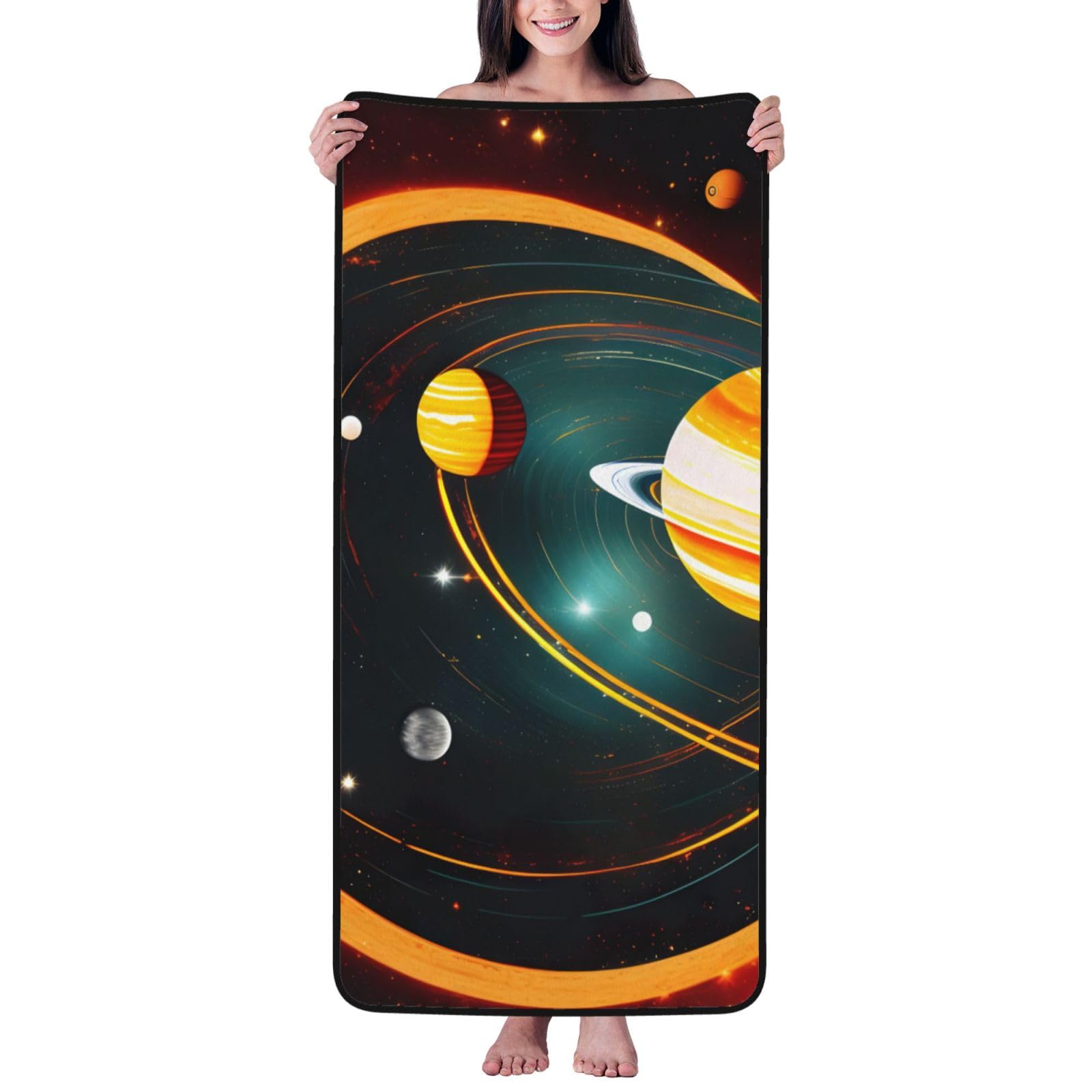 Toalla de baño de terciopelo coral premium con estampado planetario de Saturno y Júpiter