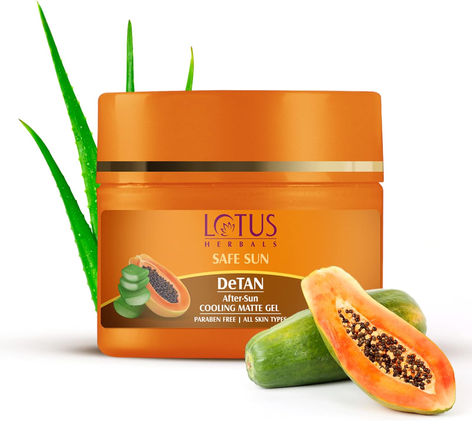 Lotus Herbals Safe Sun DeTAN After-Sun Matte Cooling Gel | With Papaya & Aloe Vera | Paraben Free, Cruelty free | All Skin Types | For Women and Men | 100g