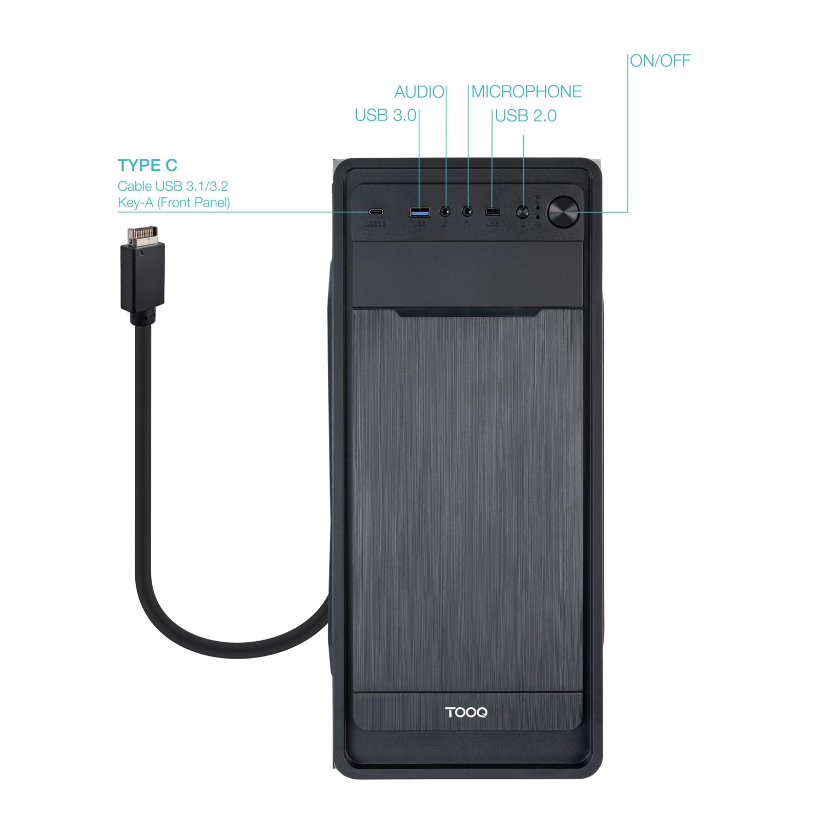 TOOQ TQC-5701-SP - Caja Semitorre ATX/MicroATX/Mini-ITX, 1xUSB 3.0, 1xUSB 2.0, 1xUSB-C, Audio HD y Fuente de Alimentación ATX 500W, Negra