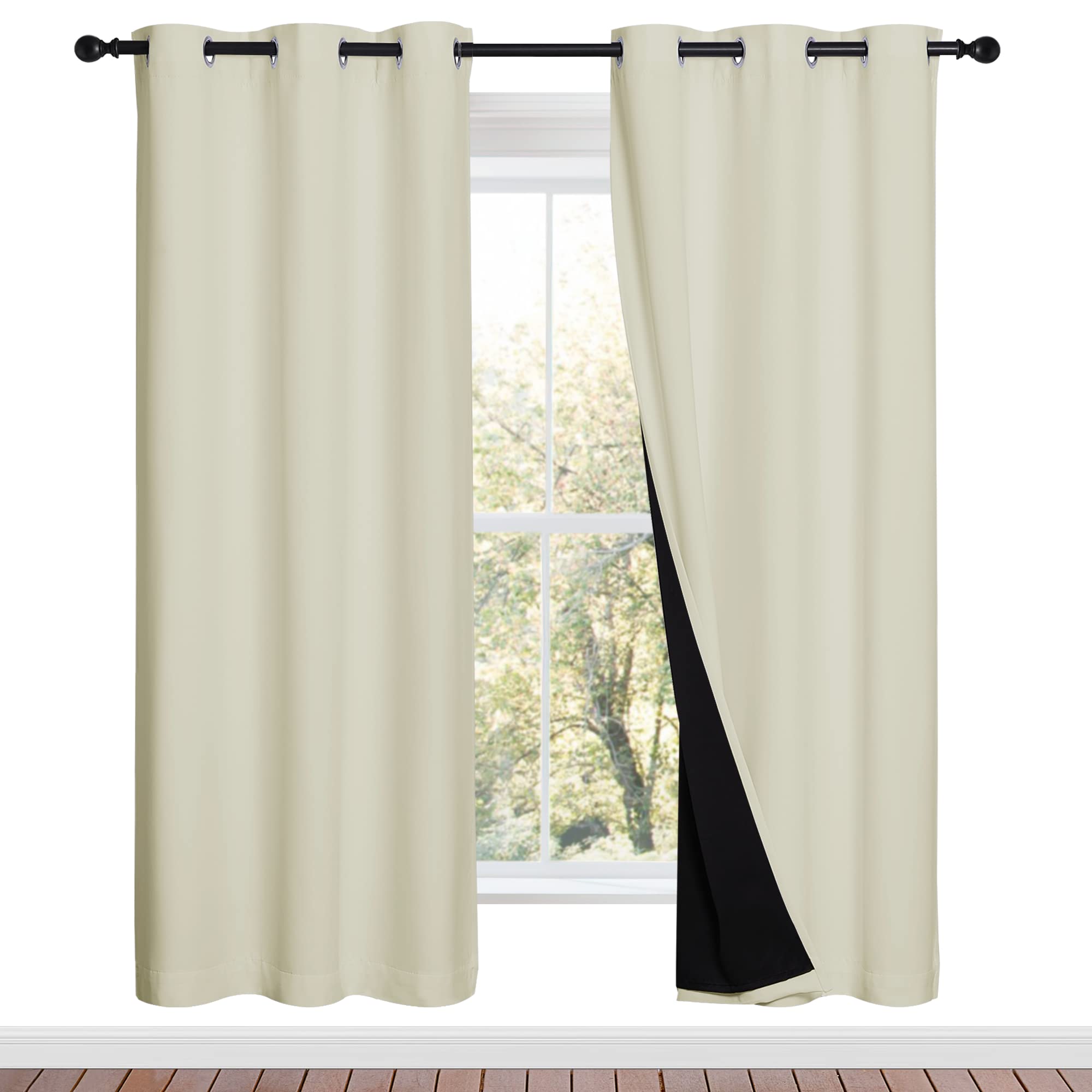 NICETOWN Living Room Completely Shaded Draperies, Privacy Protection &amp; Noise Reducing Ring Top Drapes, Black Lined Insulated Window Treatment Curtain Panels (Beige, 2 Pieces, W42 x L72)