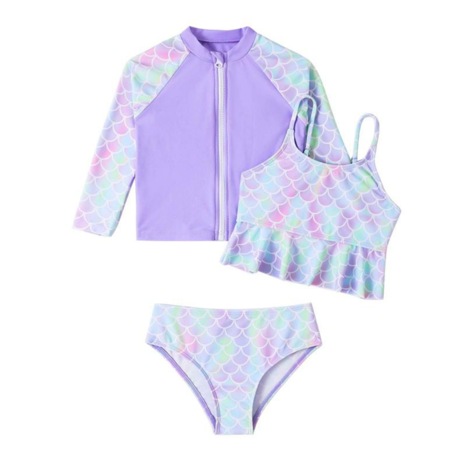 Valcatch Girls Rash Guard Set 3 Piece Swimsuit Kids Long Sleeves Zipper Bathing Suit Tankini Set Sun Proction Swimwear Bikini