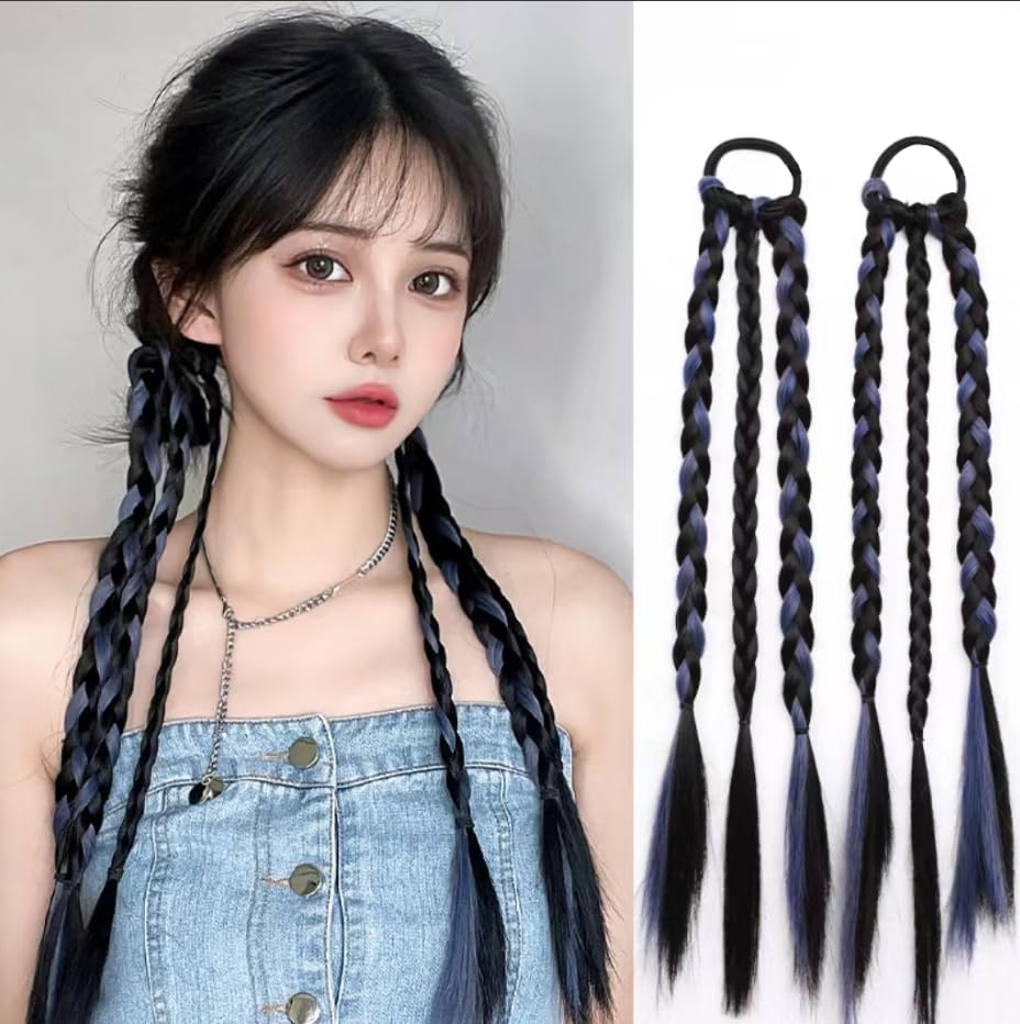 Extensión de cola de caballo trenzada con lazo para el cabello, peluca trenzada sintética para mujer, 1 par, color negro