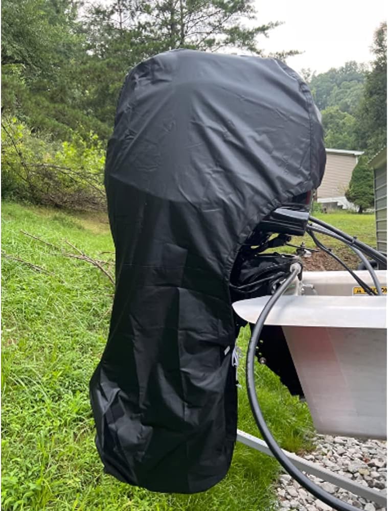 FLYMEI Boat Motor Covers, Full Outboard Motor Cover with 420D Heavy Duty Oxford Fabric Extra PVC Coating, Water Resistant Outboard Engine Covers Fit for Motor 0-5 HP, Black